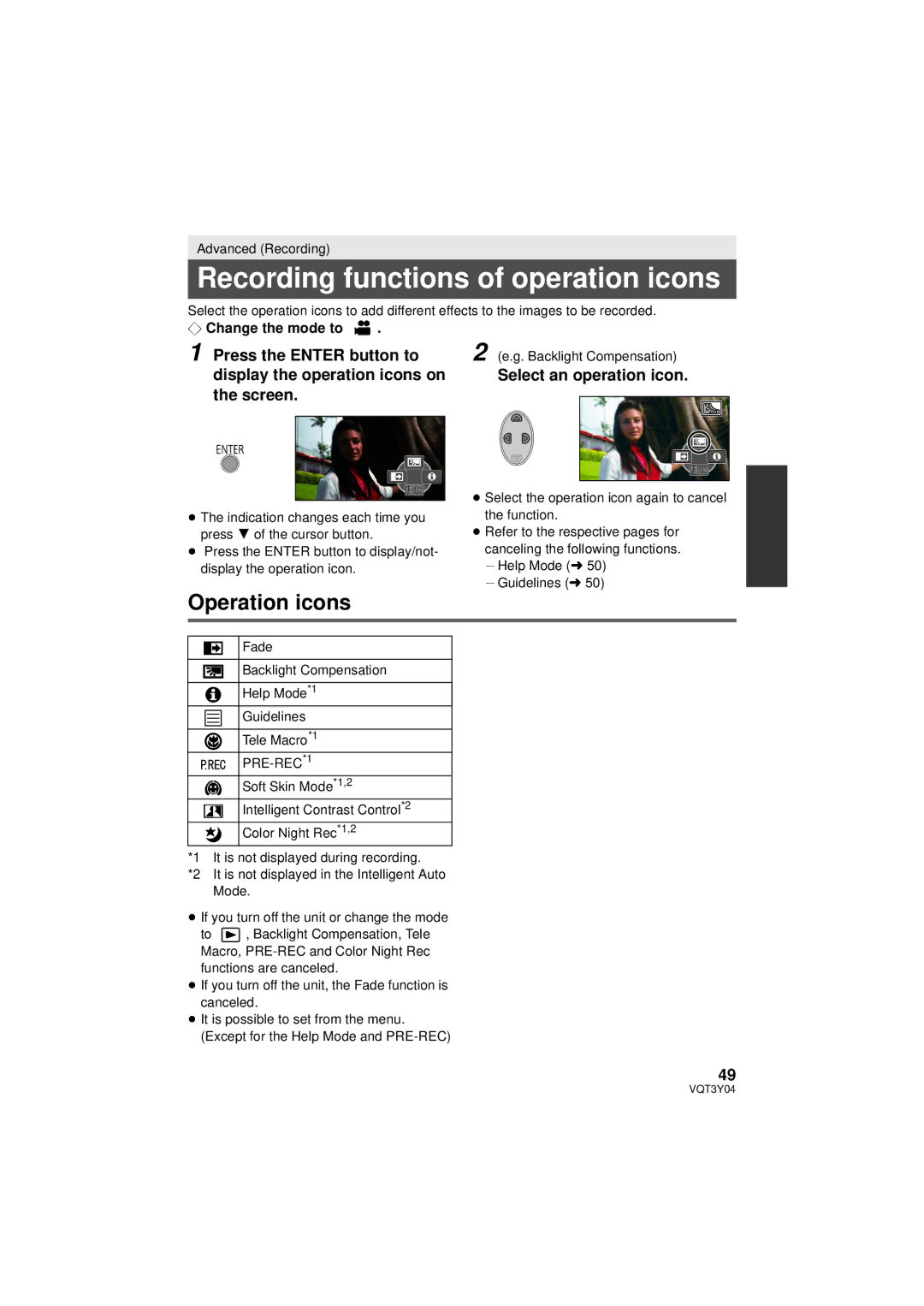 Panasonic HC-V100 owner manual Recording functions of operation icons, Operation icons, Press the Enter button to 