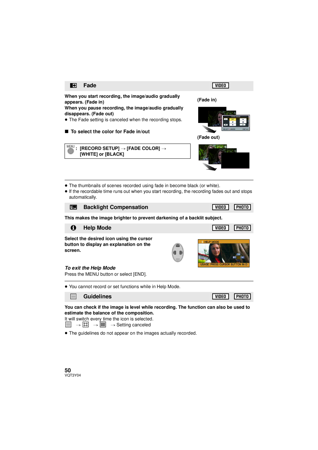 Panasonic HC-V100 owner manual Backlight Compensation, Help Mode, Guidelines, To select the color for Fade in/out 