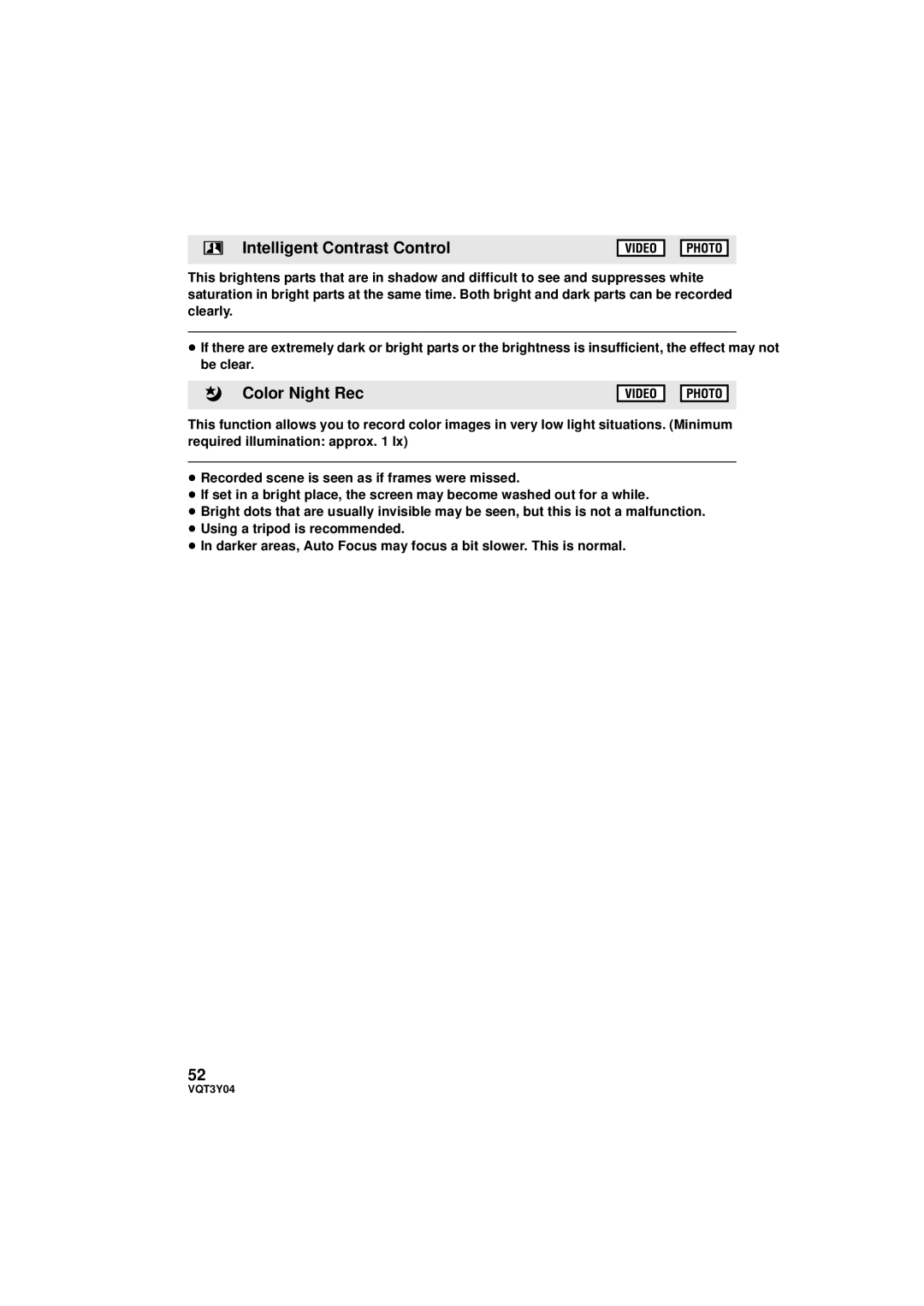 Panasonic HC-V100 owner manual Intelligent Contrast Control, Color Night Rec 