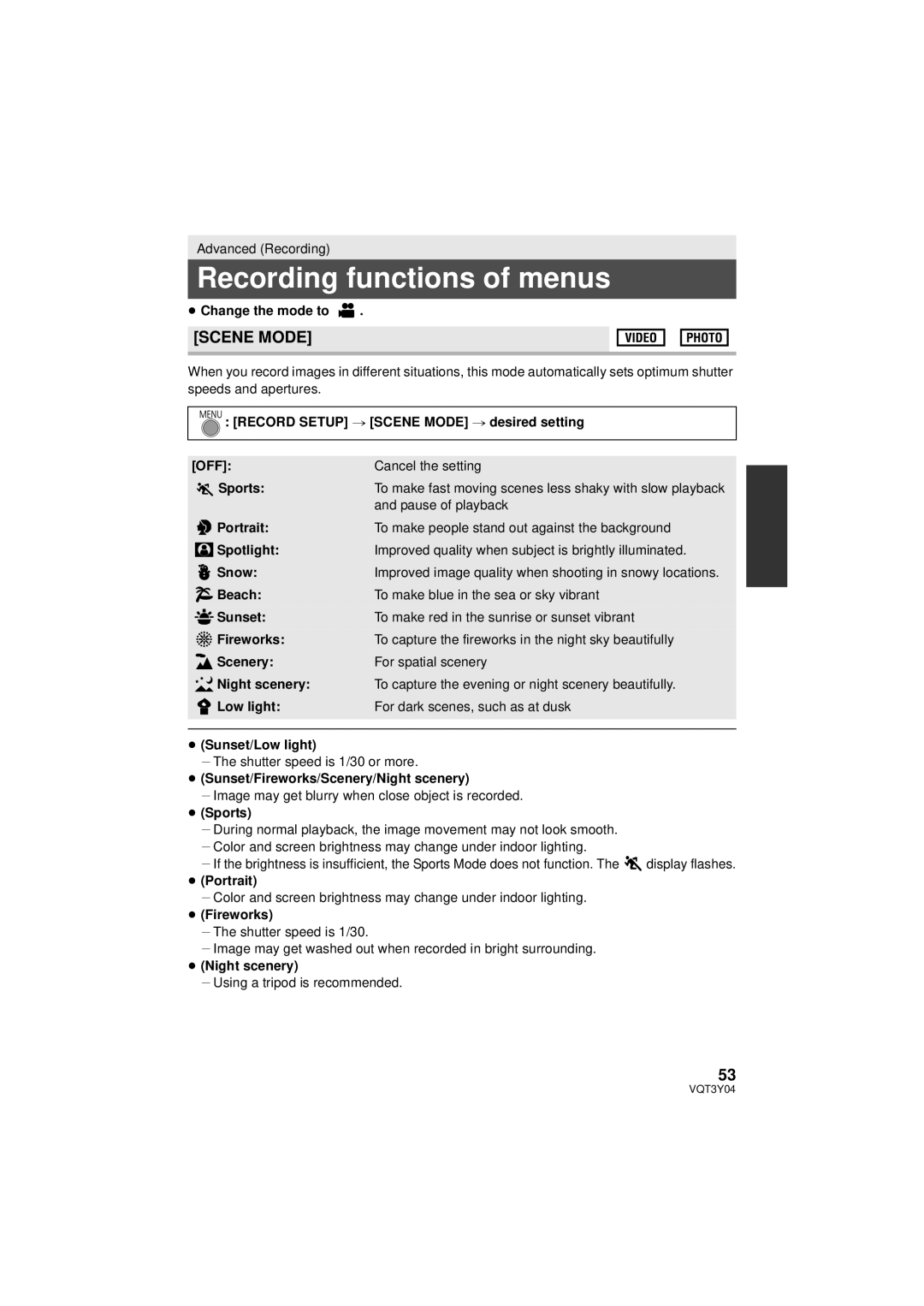 Panasonic HC-V100 owner manual Recording functions of menus, Scene Mode 