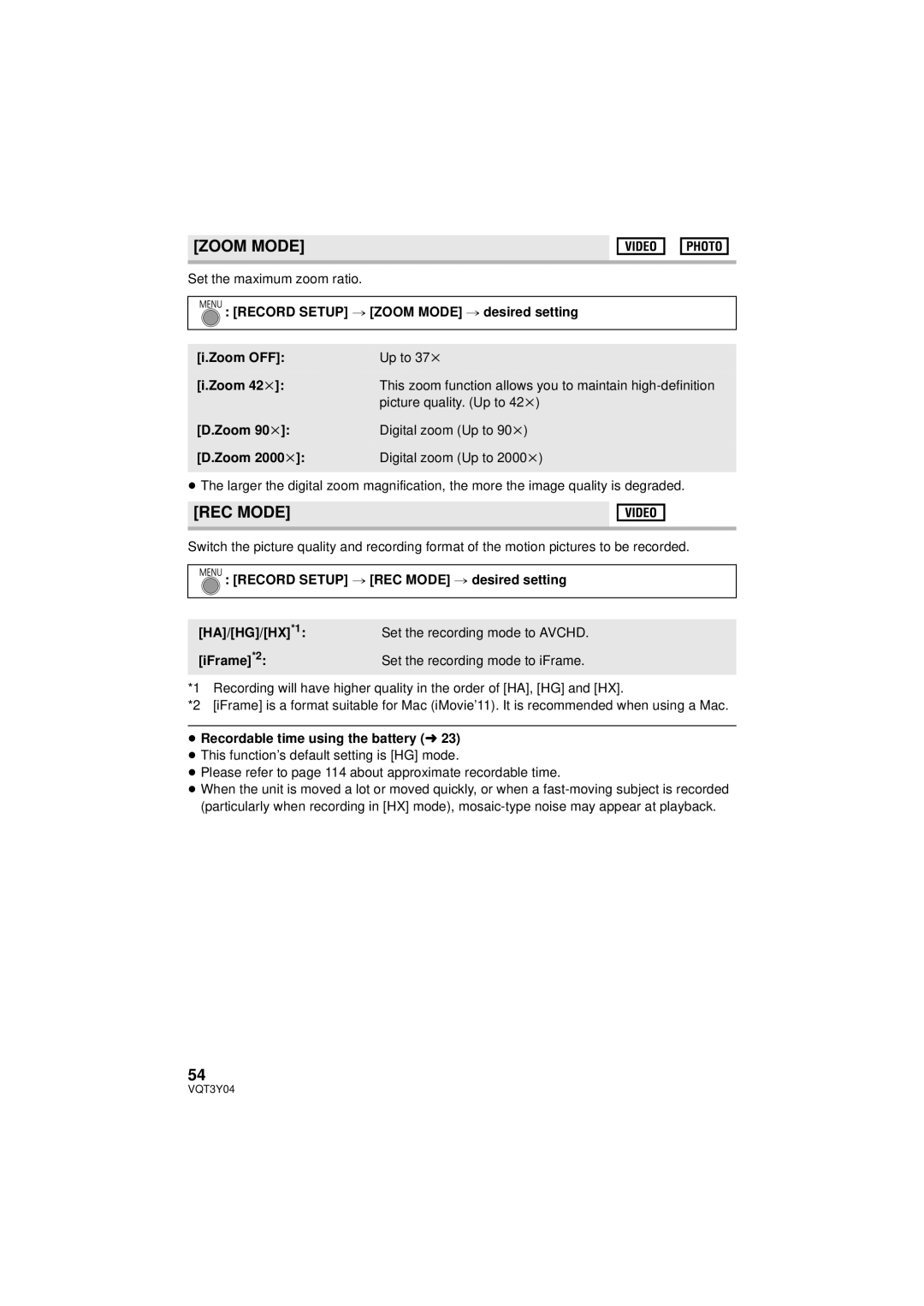 Panasonic HC-V100 owner manual Zoom Mode, REC Mode 