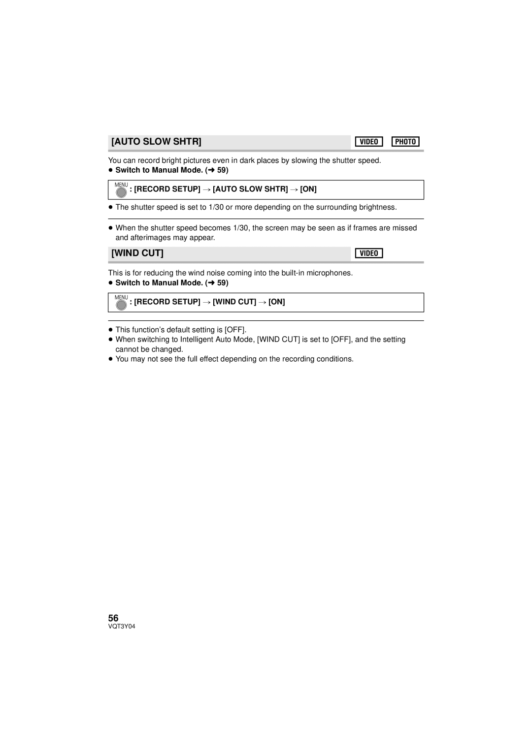 Panasonic HC-V100 owner manual Wind CUT, ≥ Switch to Manual Mode. l, Record Setup # Auto Slow Shtr # on 