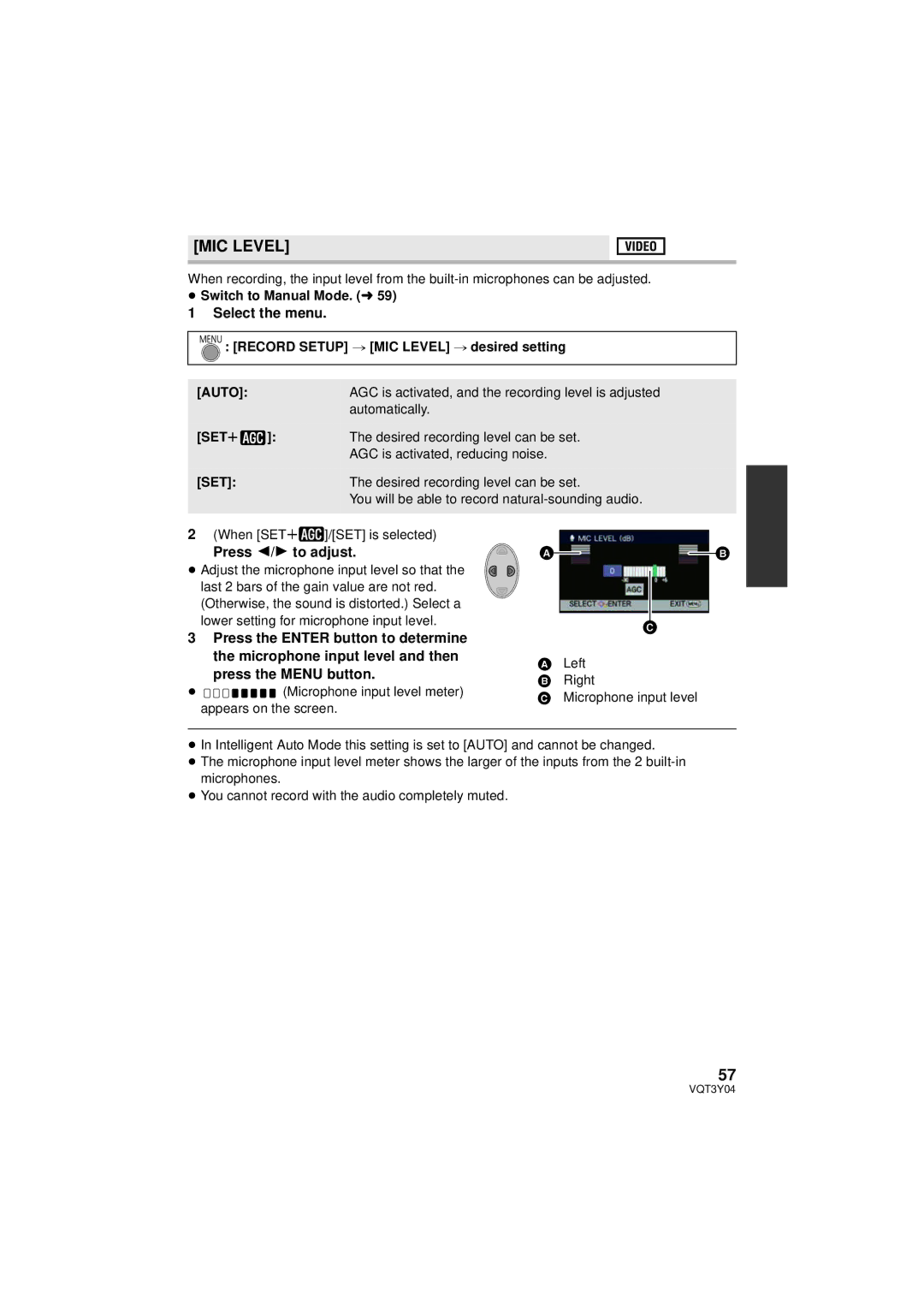 Panasonic HC-V100 owner manual MIC Level, Press 2/1 to adjust, Press the Menu button, Auto 