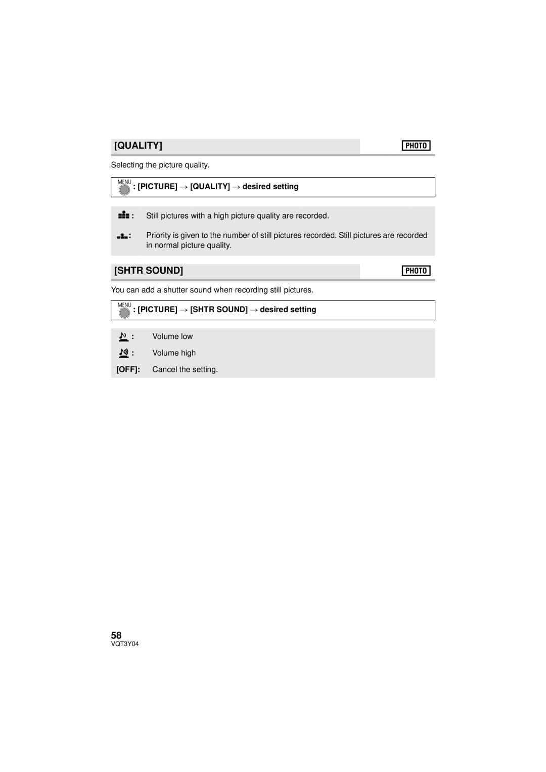 Panasonic HC-V100 owner manual Shtr Sound, Picture # Quality # desired setting 