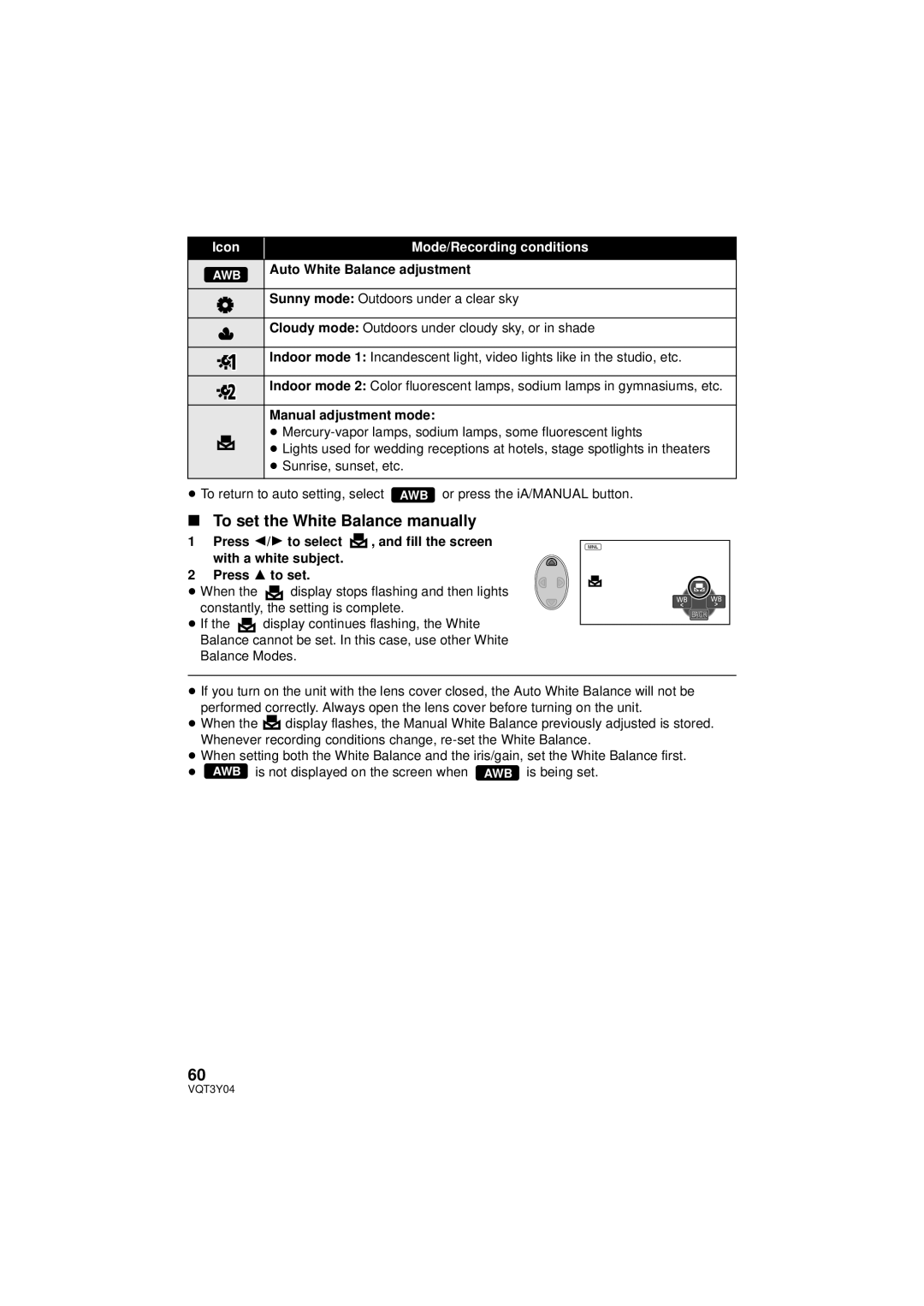 Panasonic HC-V100 owner manual To set the White Balance manually, Manual adjustment mode 