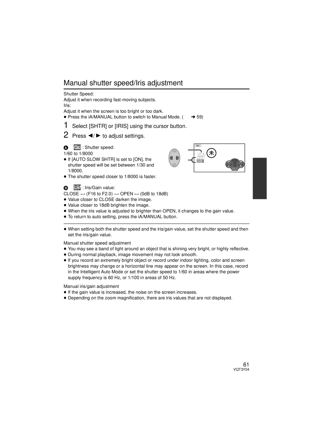 Panasonic HC-V100 owner manual Manual shutter speed/Iris adjustment, Select Shtr or Iris using the cursor button 