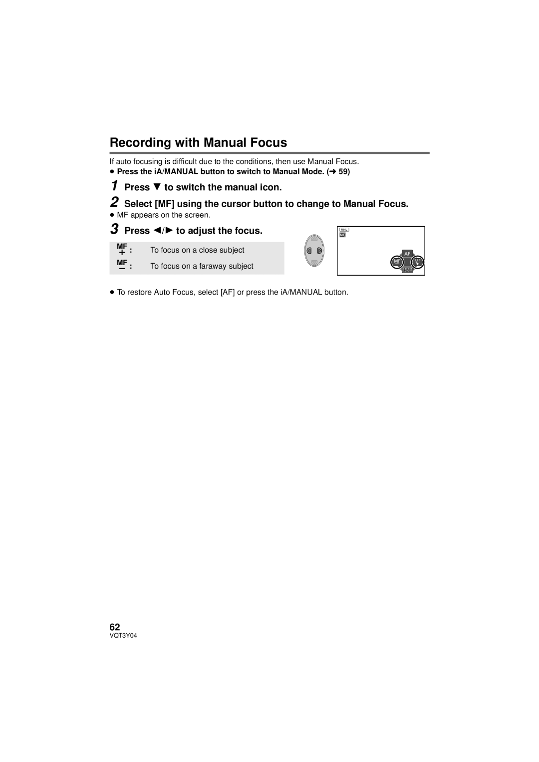 Panasonic HC-V100 owner manual Recording with Manual Focus, Press 2/1 to adjust the focus 