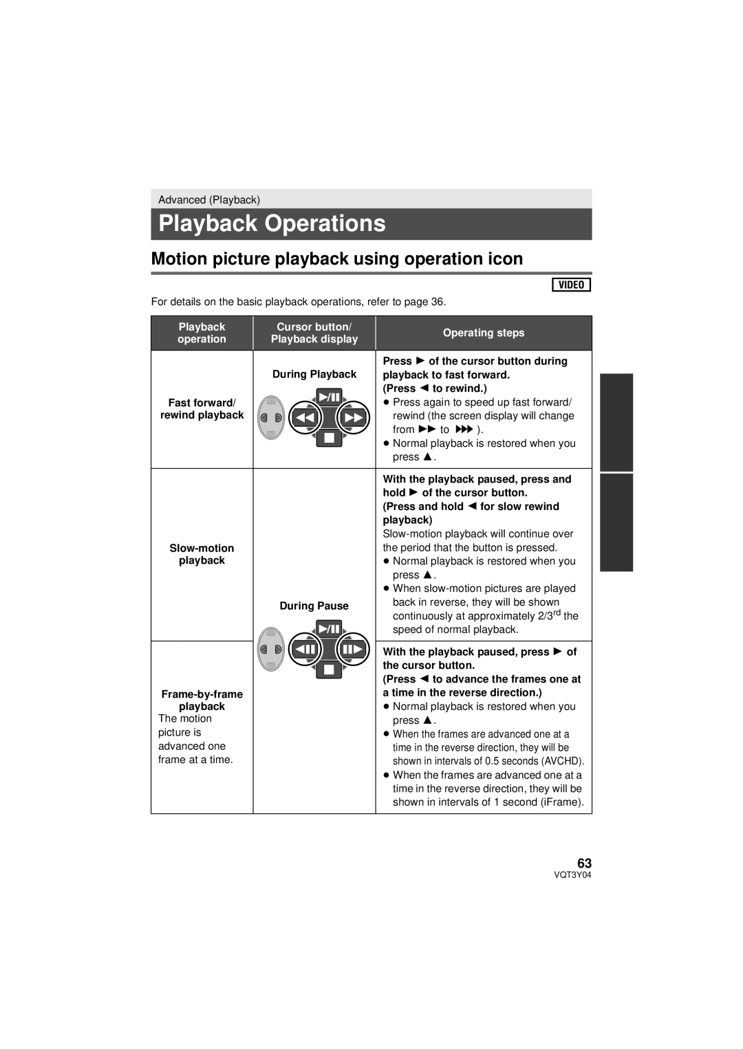 Panasonic HC-V100 owner manual Playback Operations, Motion picture playback using operation icon 