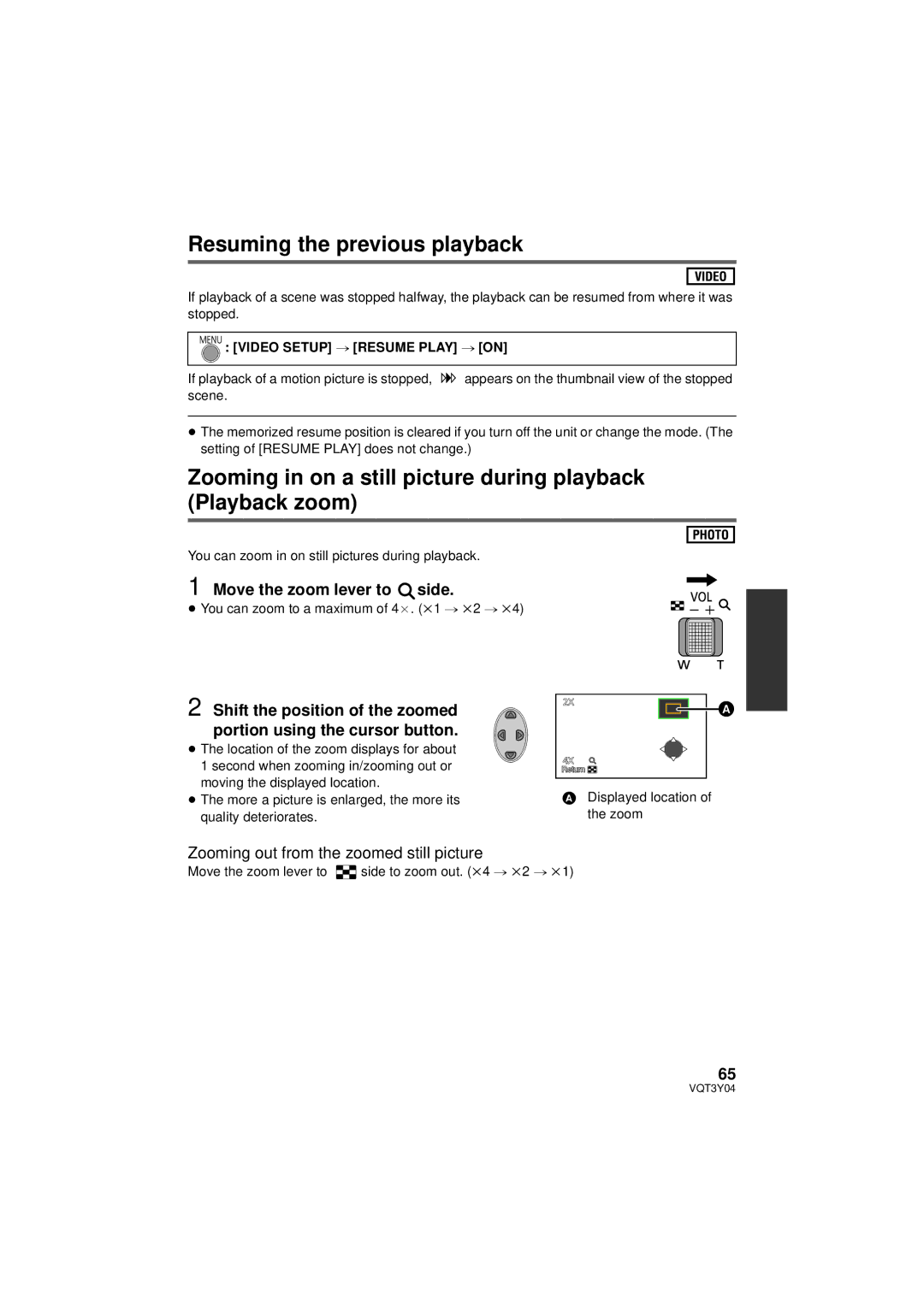 Panasonic HC-V100 owner manual Resuming the previous playback, Zooming in on a still picture during playback Playback zoom 