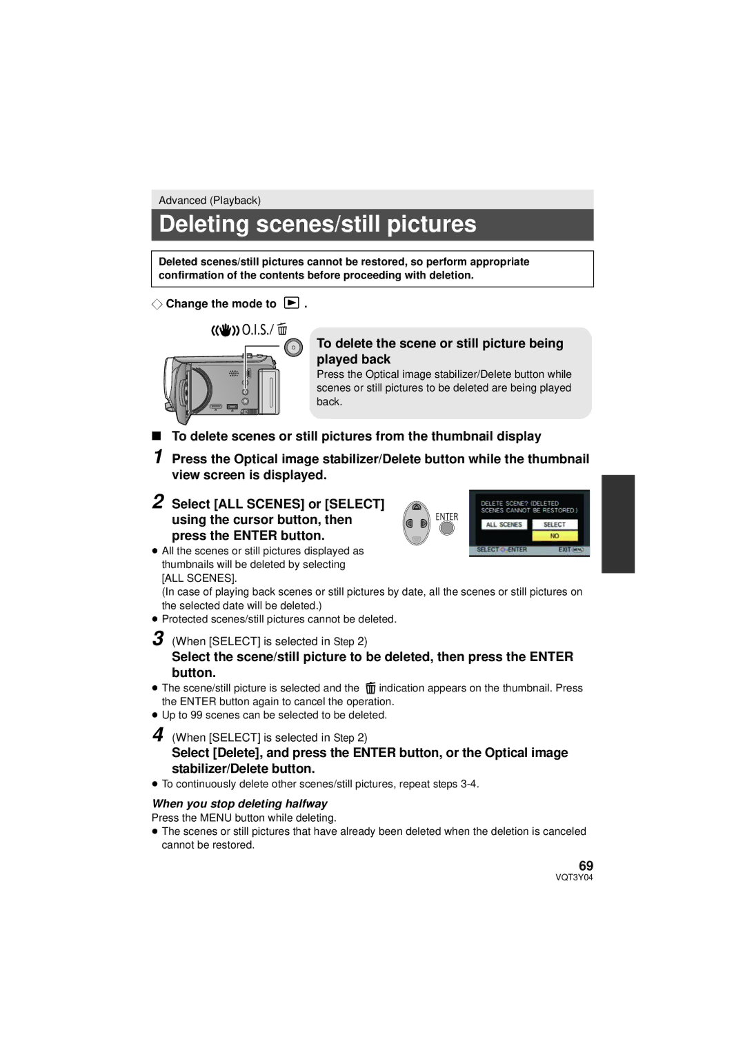 Panasonic HC-V100 owner manual Deleting scenes/still pictures, To delete the scene or still picture being played back 