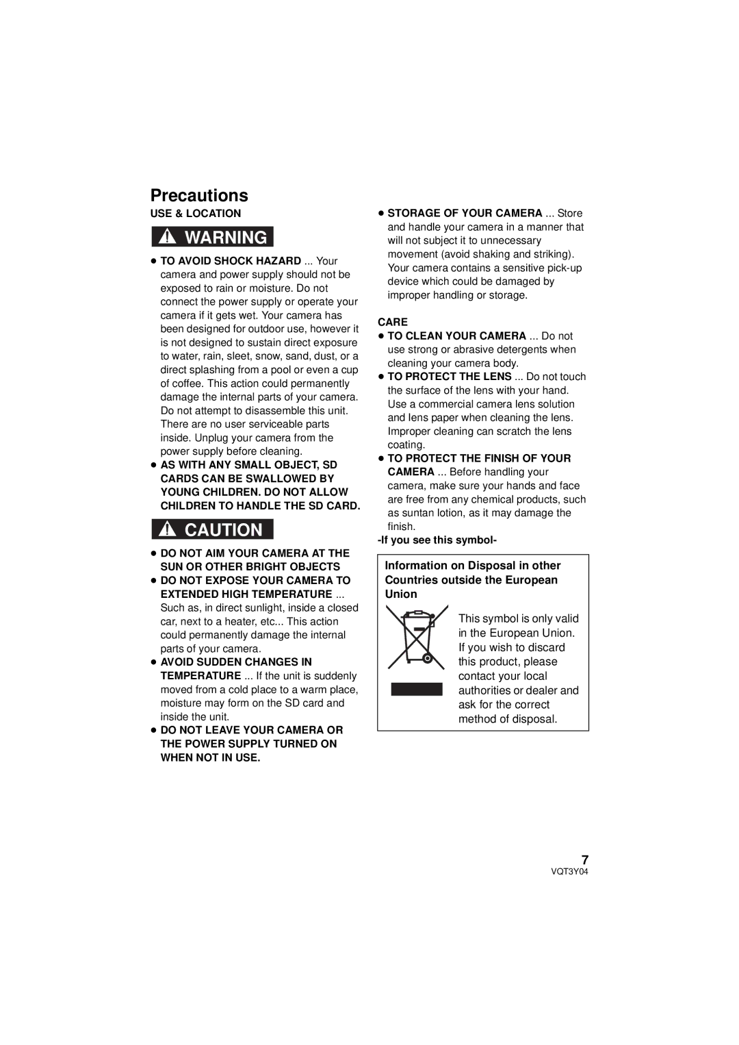 Panasonic HC-V100 owner manual Precautions, USE & Location, Care, If you see this symbol 