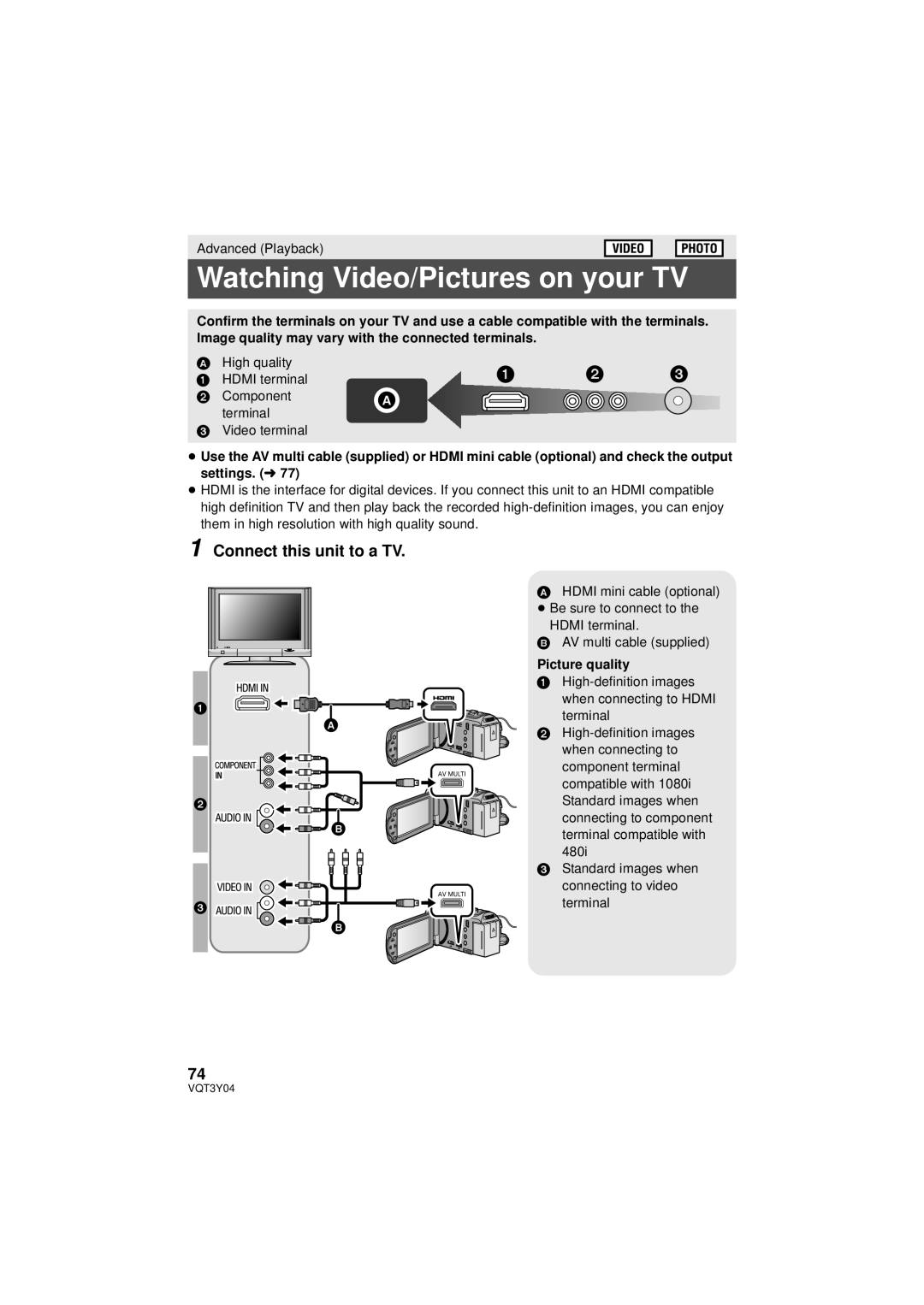 Panasonic HC-V100 owner manual Watching Video/Pictures on your TV, Connect this unit to a TV, Picture quality 