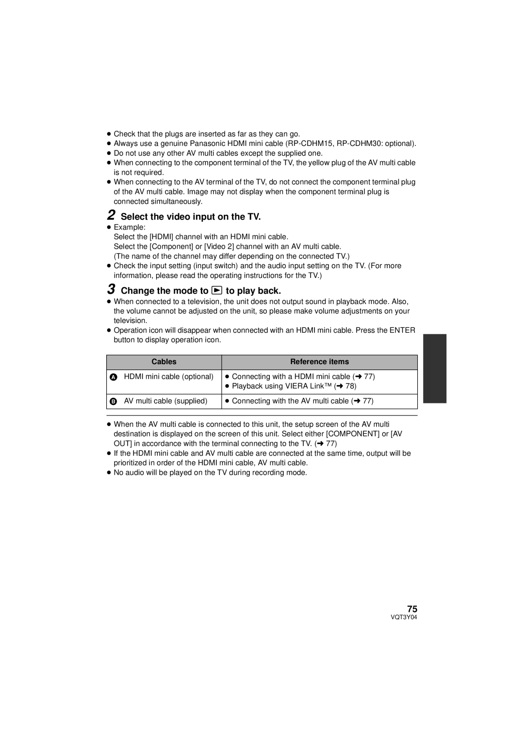 Panasonic HC-V100 owner manual Select the video input on the TV, Change the mode to to play back, Cables Reference items 