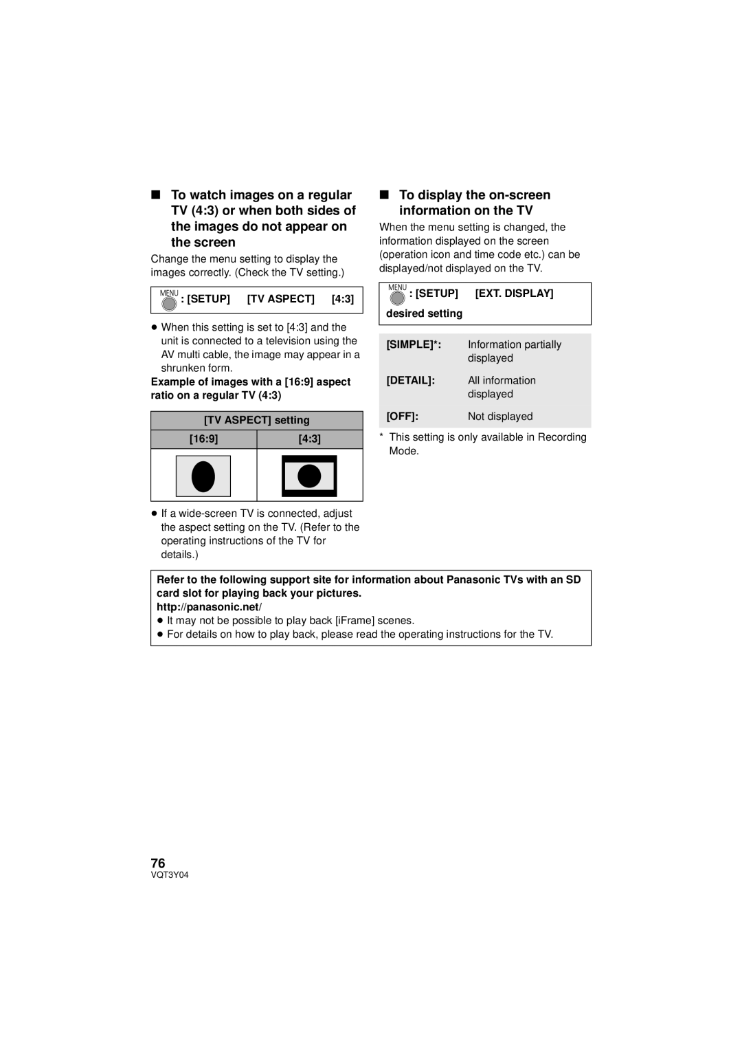 Panasonic HC-V100 owner manual To display the on-screen information on the TV, Setup # TV Aspect #, Simple, Detail 