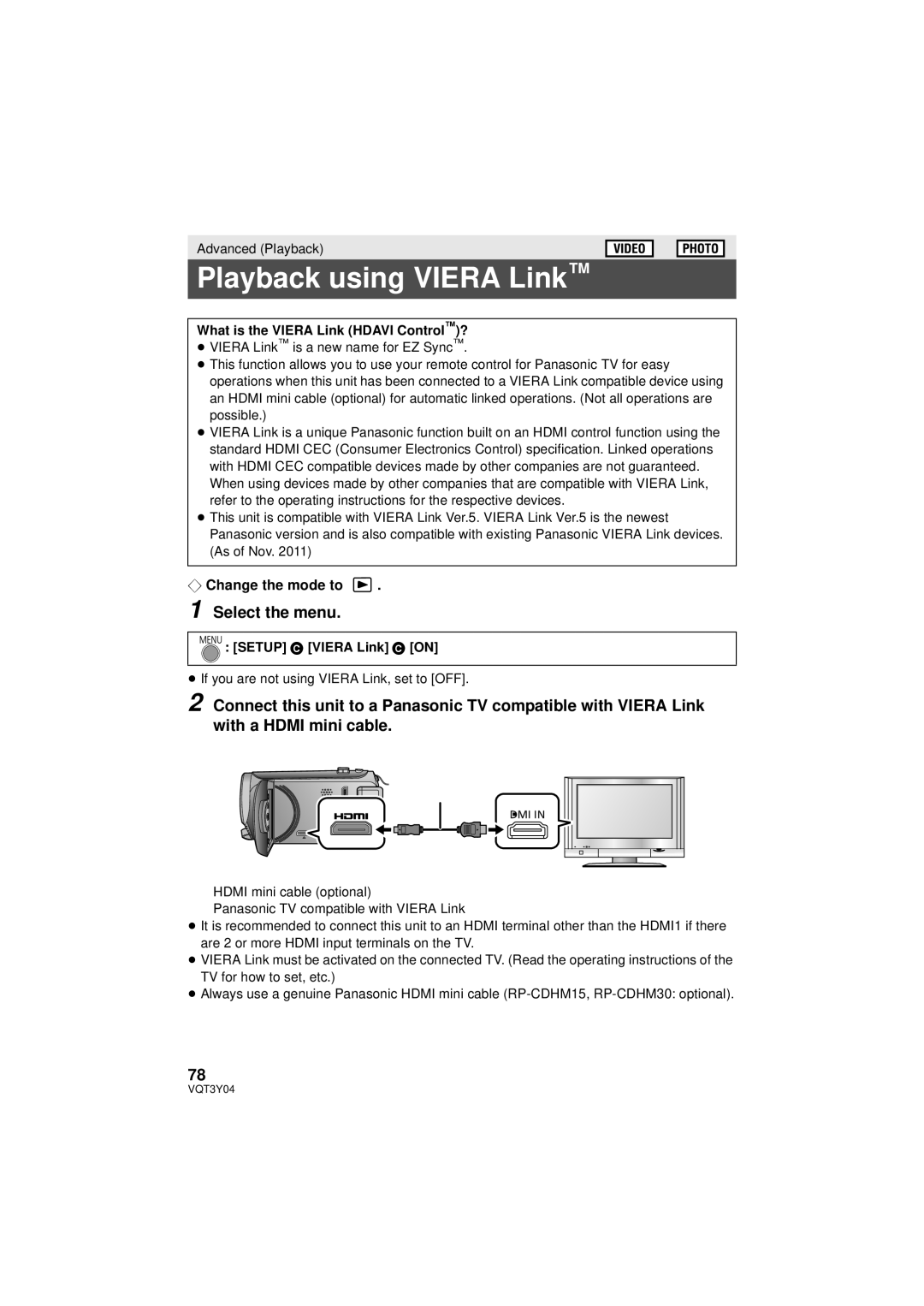 Panasonic HC-V100 owner manual Playback using Viera Link, What is the Viera Link Hdavi Control?, Setup # Viera Link # on 