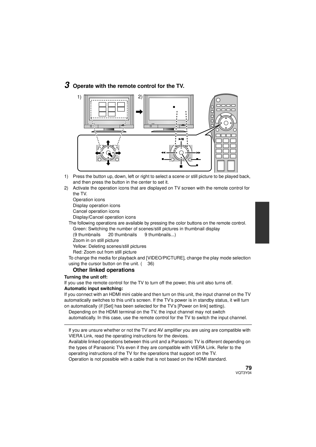 Panasonic HC-V100 owner manual Operate with the remote control for the TV, Other linked operations, Turning the unit off 