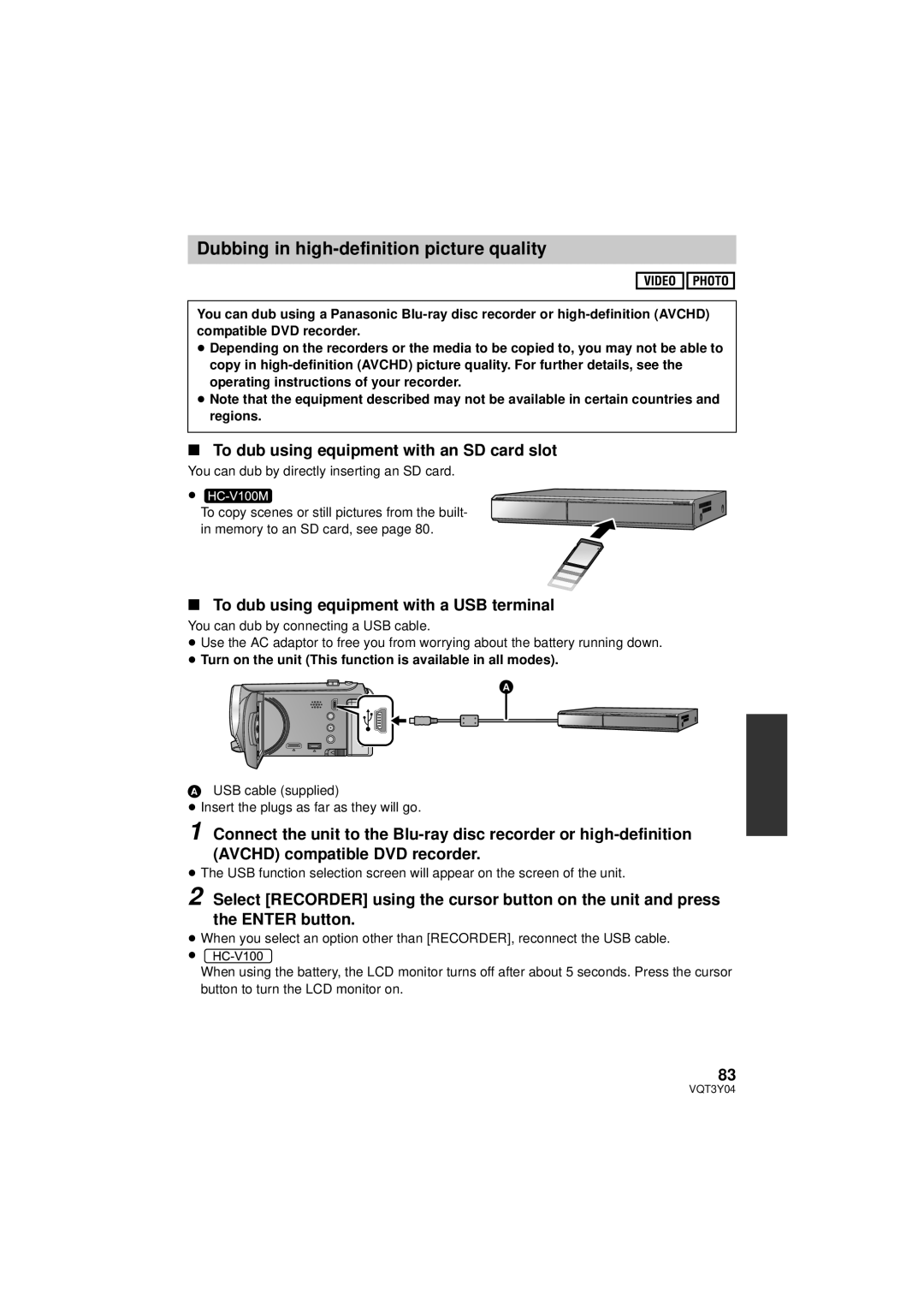 Panasonic HC-V100 owner manual To dub using equipment with an SD card slot, To dub using equipment with a USB terminal 