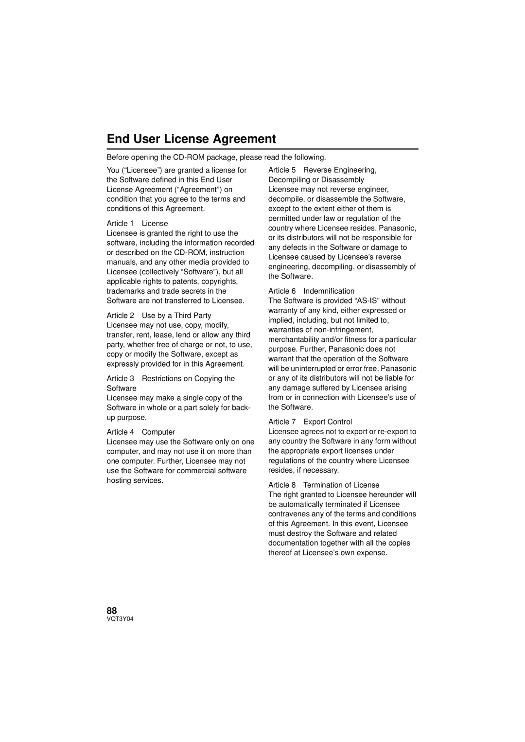 Panasonic HC-V100 owner manual End User License Agreement 