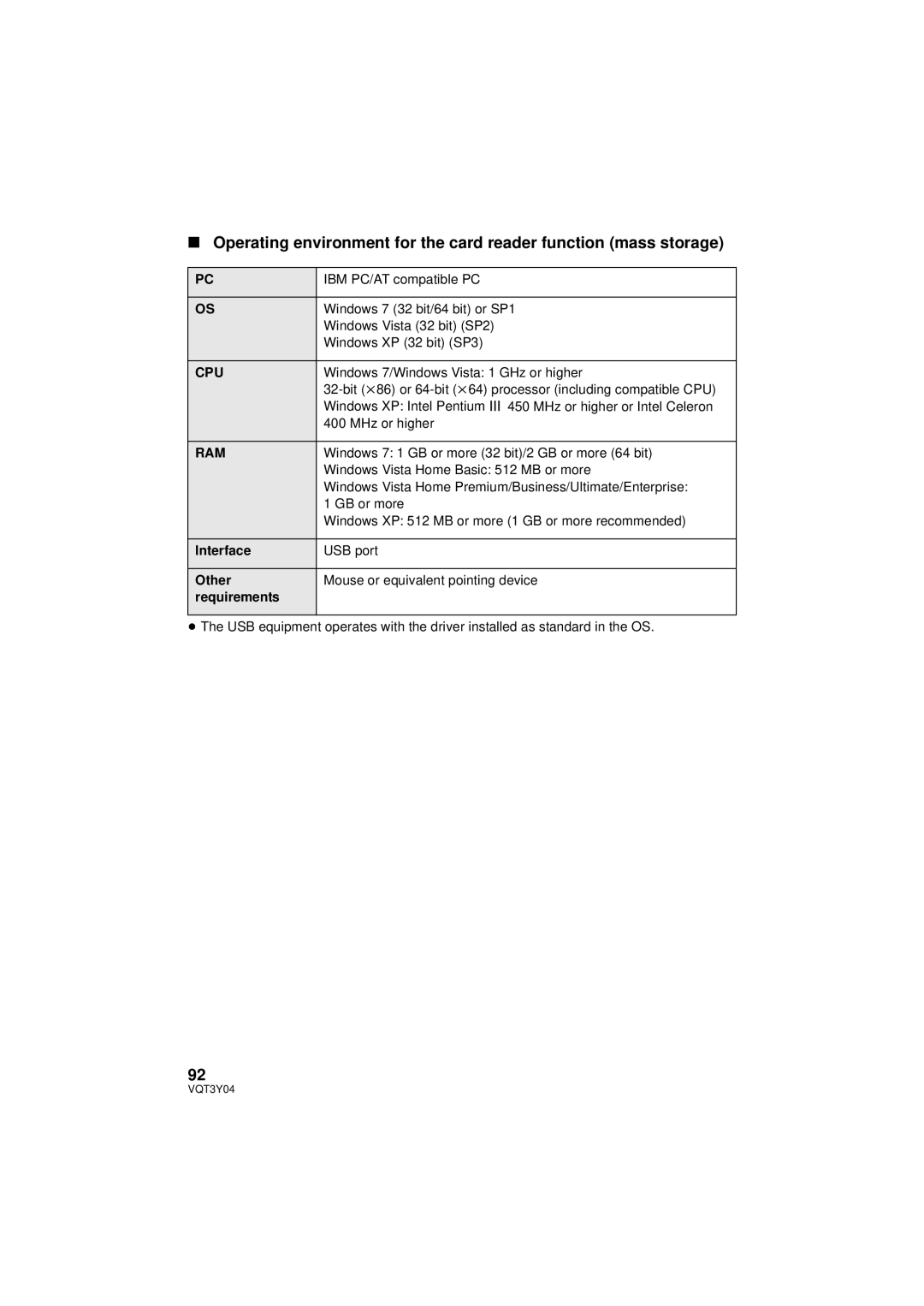 Panasonic HC-V100 owner manual Windows 7 32 bit/64 bit or SP1 