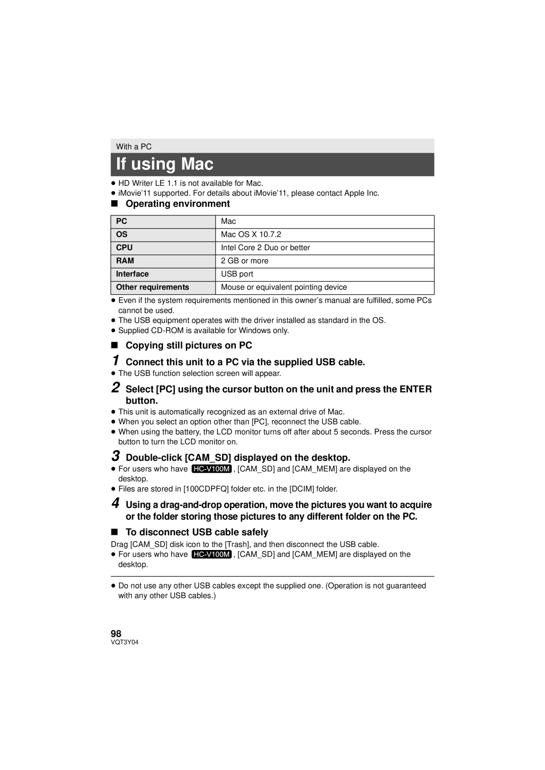 Panasonic HC-V100 owner manual If using Mac, Operating environment, Double-click Camsd displayed on the desktop 