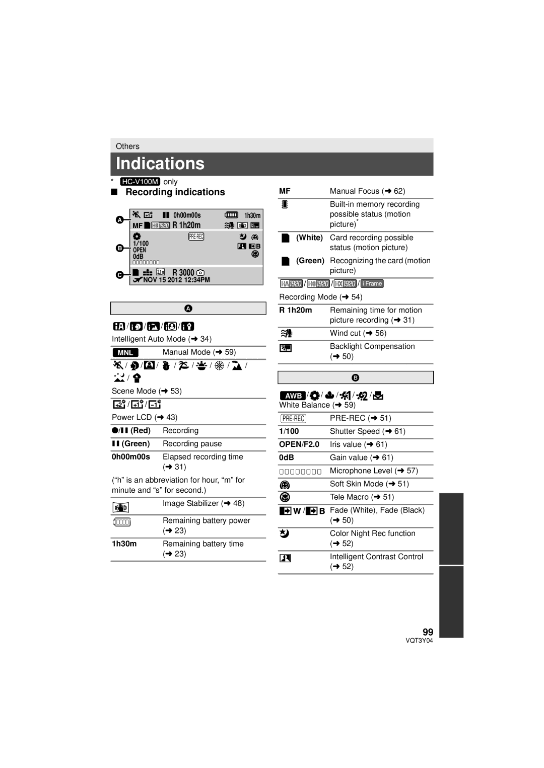 Panasonic HC-V100 owner manual Indications, Recording indications, 1h20m, OPEN/F2.0 