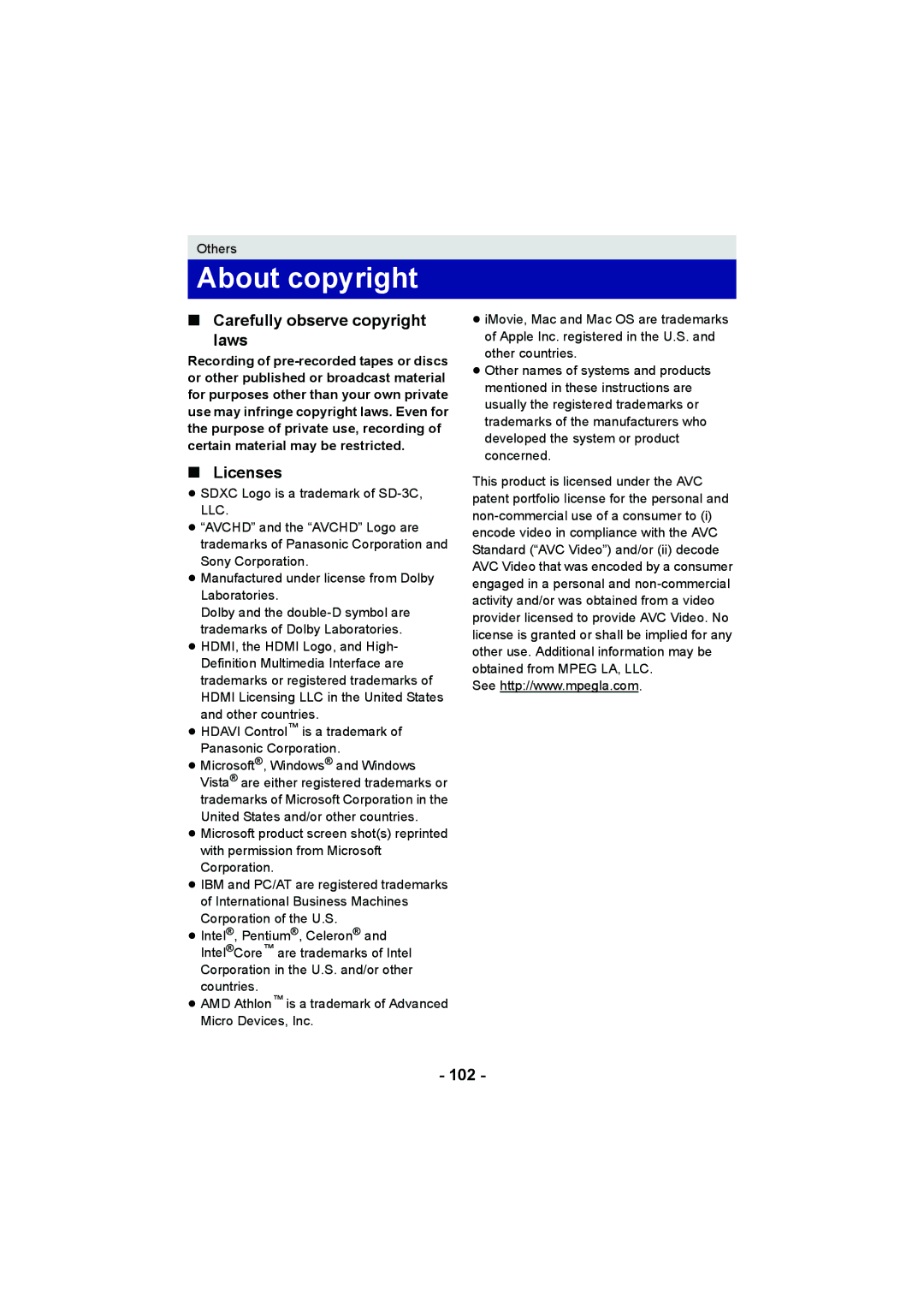 Panasonic HC-V100M operating instructions About copyright, Carefully observe copyright Laws, Licenses, 102 