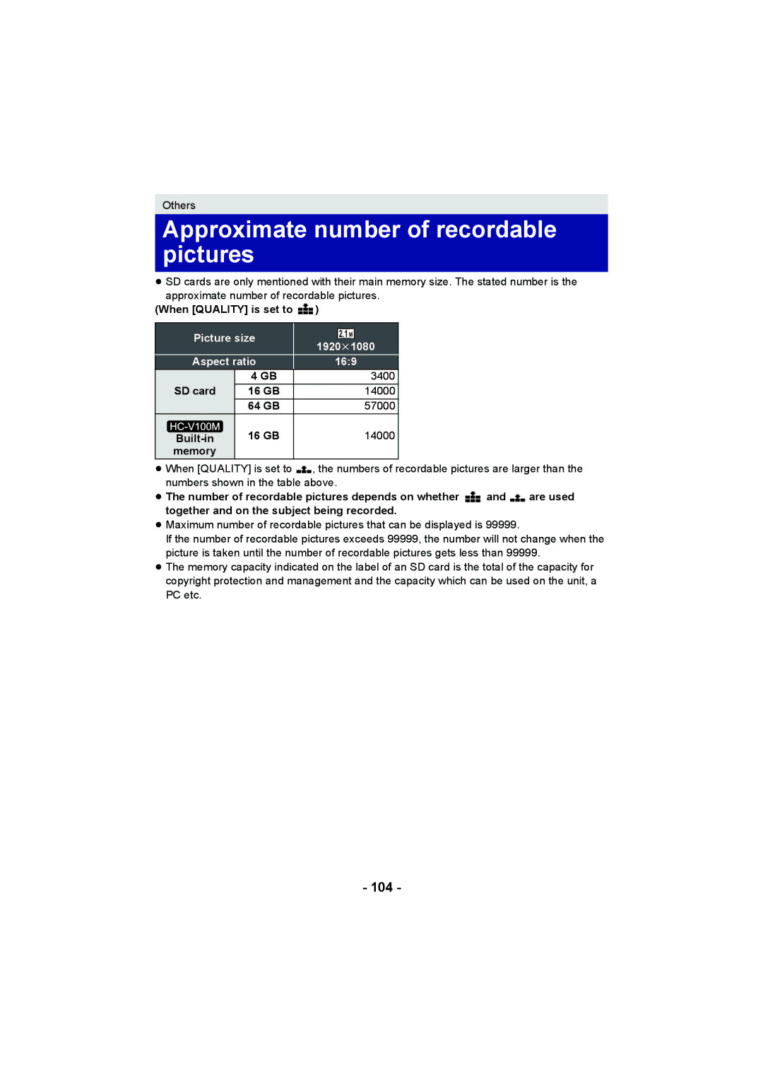 Panasonic HC-V100M operating instructions Approximate number of recordable pictures, 104 