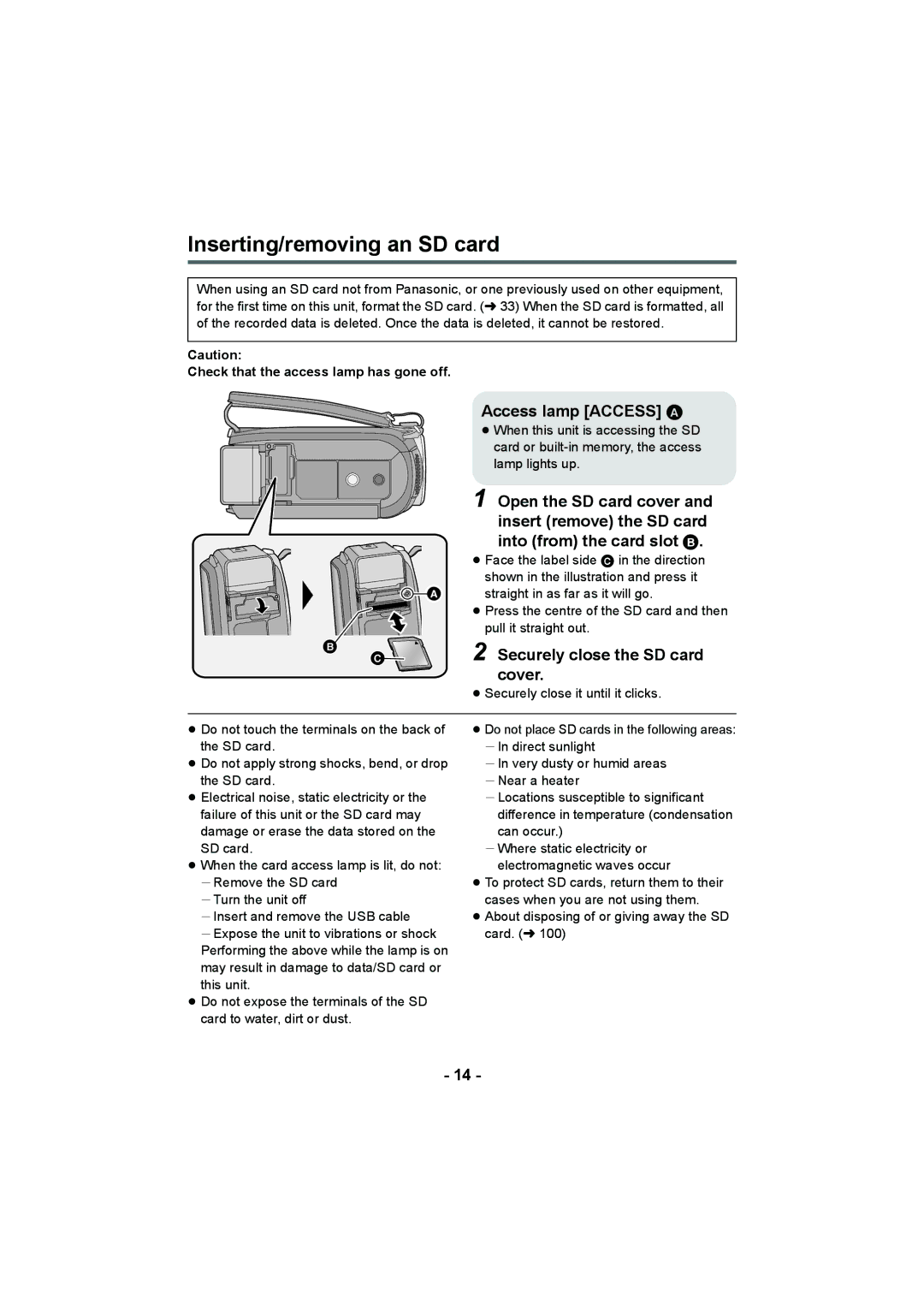 Panasonic HC-V100M Inserting/removing an SD card, Access lamp Access a, Securely close the SD card, Cover 