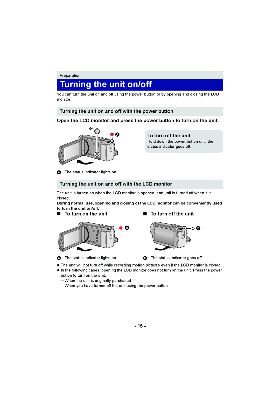 Panasonic HC-V100M operating instructions Turning the unit on/off, Turning the unit on and off with the LCD monitor 