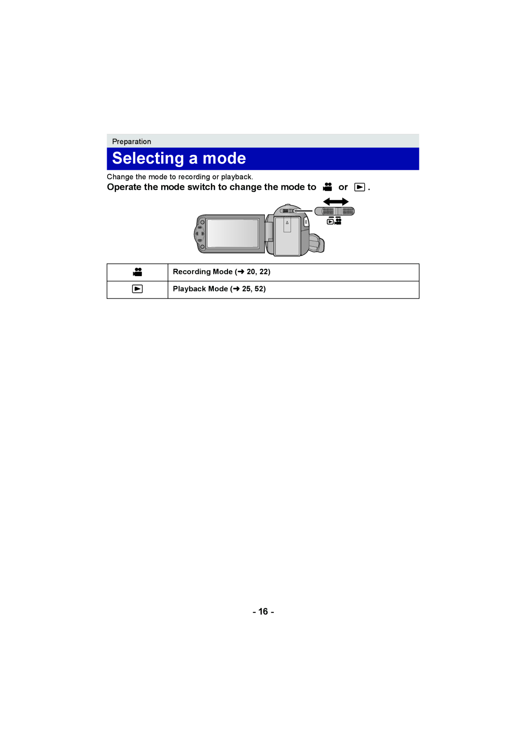 Panasonic HC-V100M operating instructions Selecting a mode, Operate the mode switch to change the mode to or 