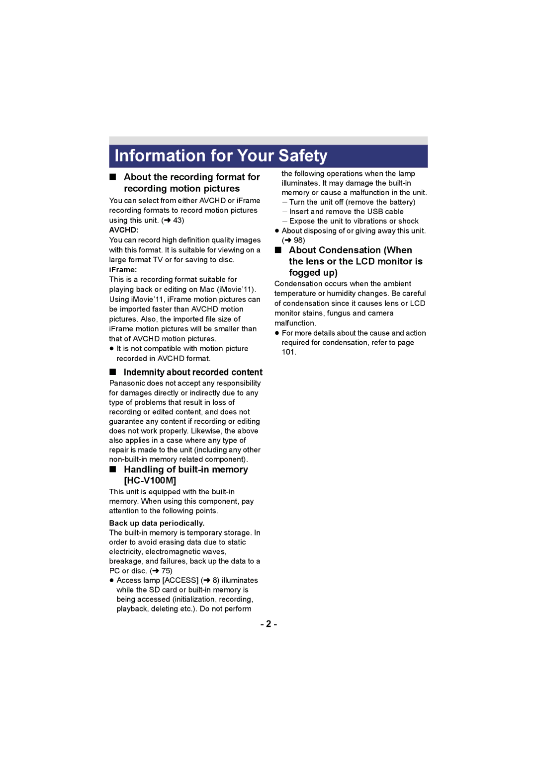 Panasonic HC-V100M Information for Your Safety, About the recording format for Recording motion pictures, Avchd 