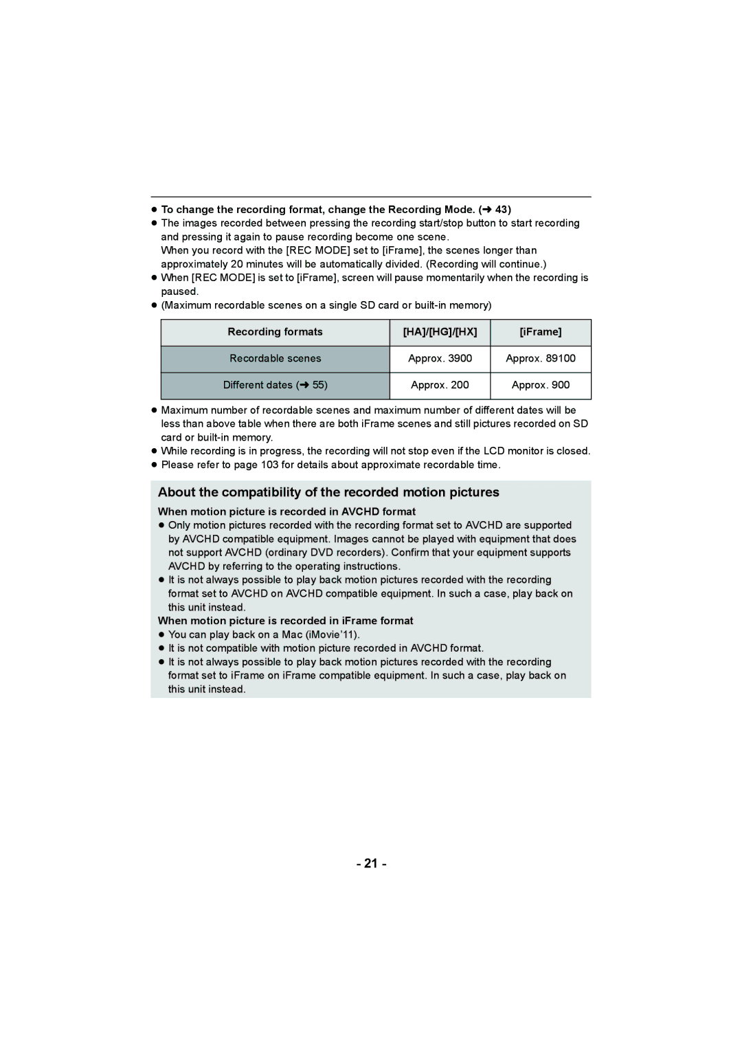 Panasonic HC-V100M About the compatibility of the recorded motion pictures, Recording formats HA/HG/HX IFrame 