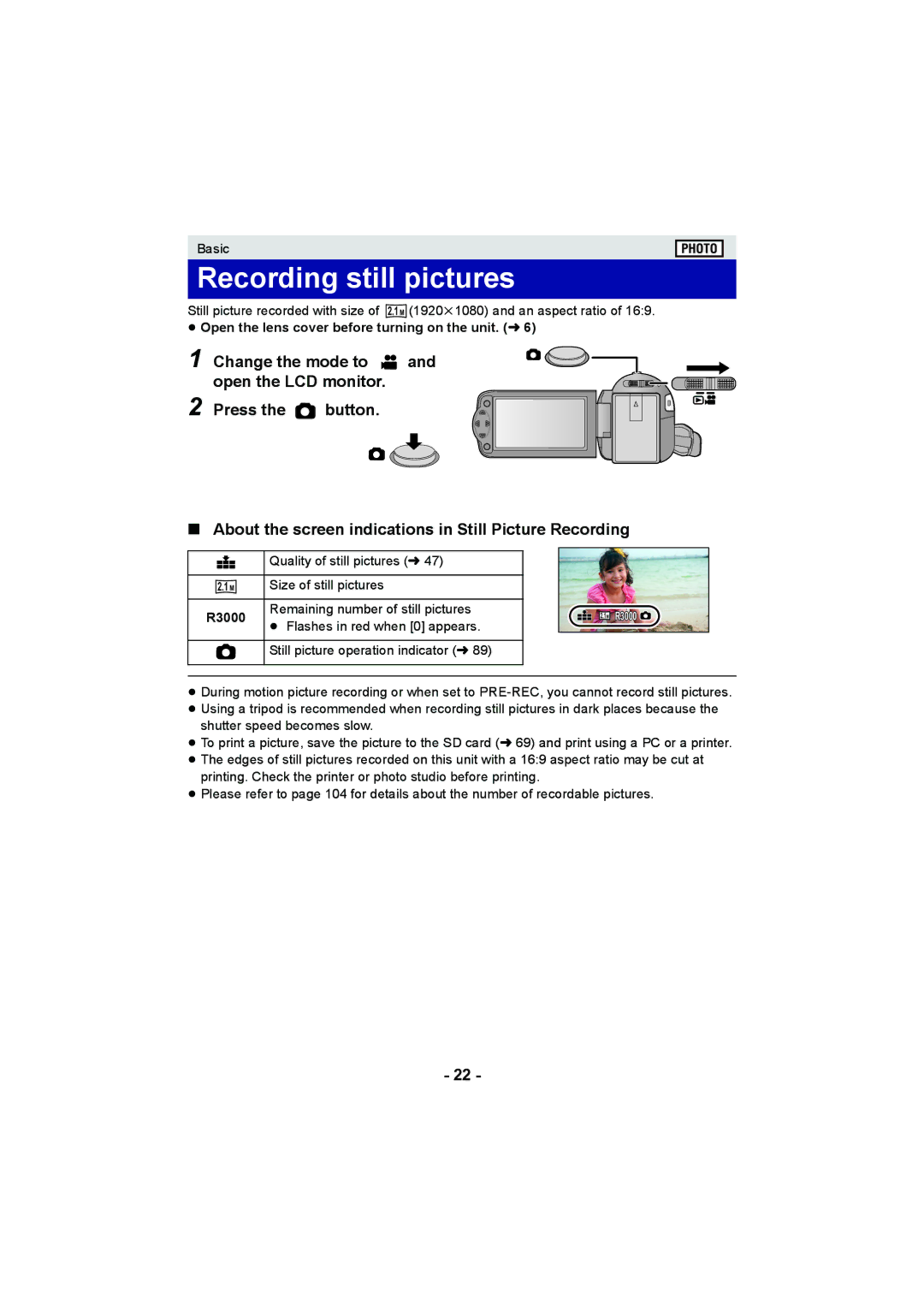 Panasonic HC-V100M operating instructions Recording still pictures, R3000 