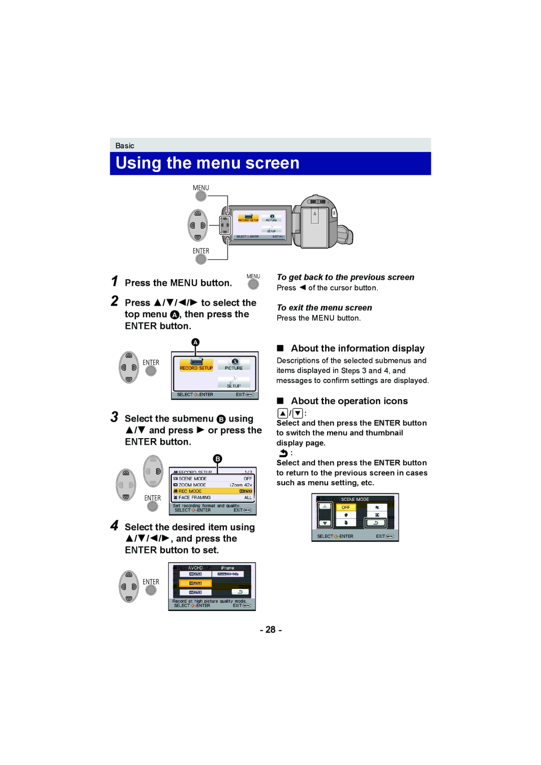 Panasonic HC-V100M operating instructions Using the menu screen, About the information display, About the operation icons 