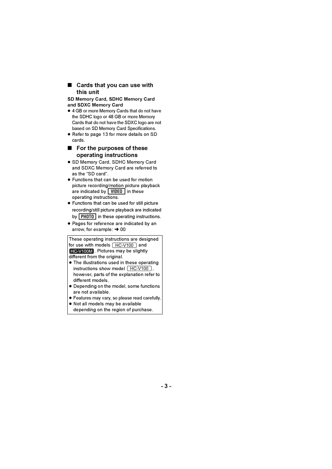 Panasonic HC-V100M Cards that you can use with This unit, For the purposes of these Operating instructions 