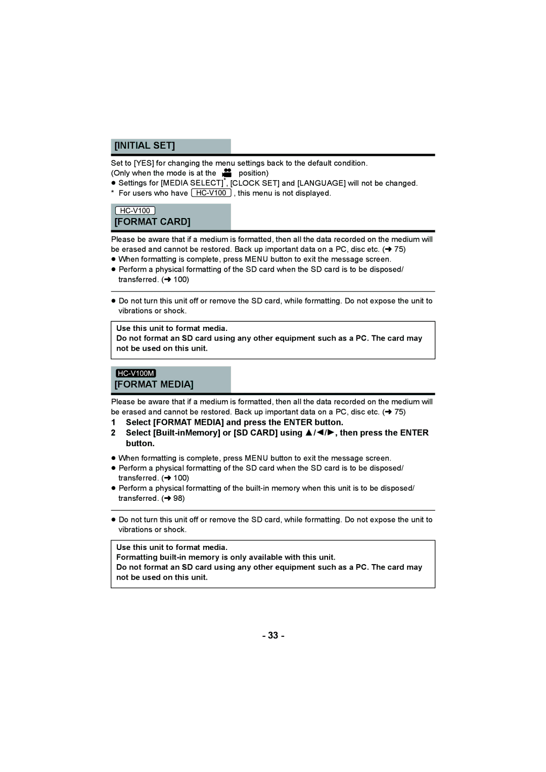 Panasonic HC-V100M operating instructions Initial SET, Format Card, Format Media 