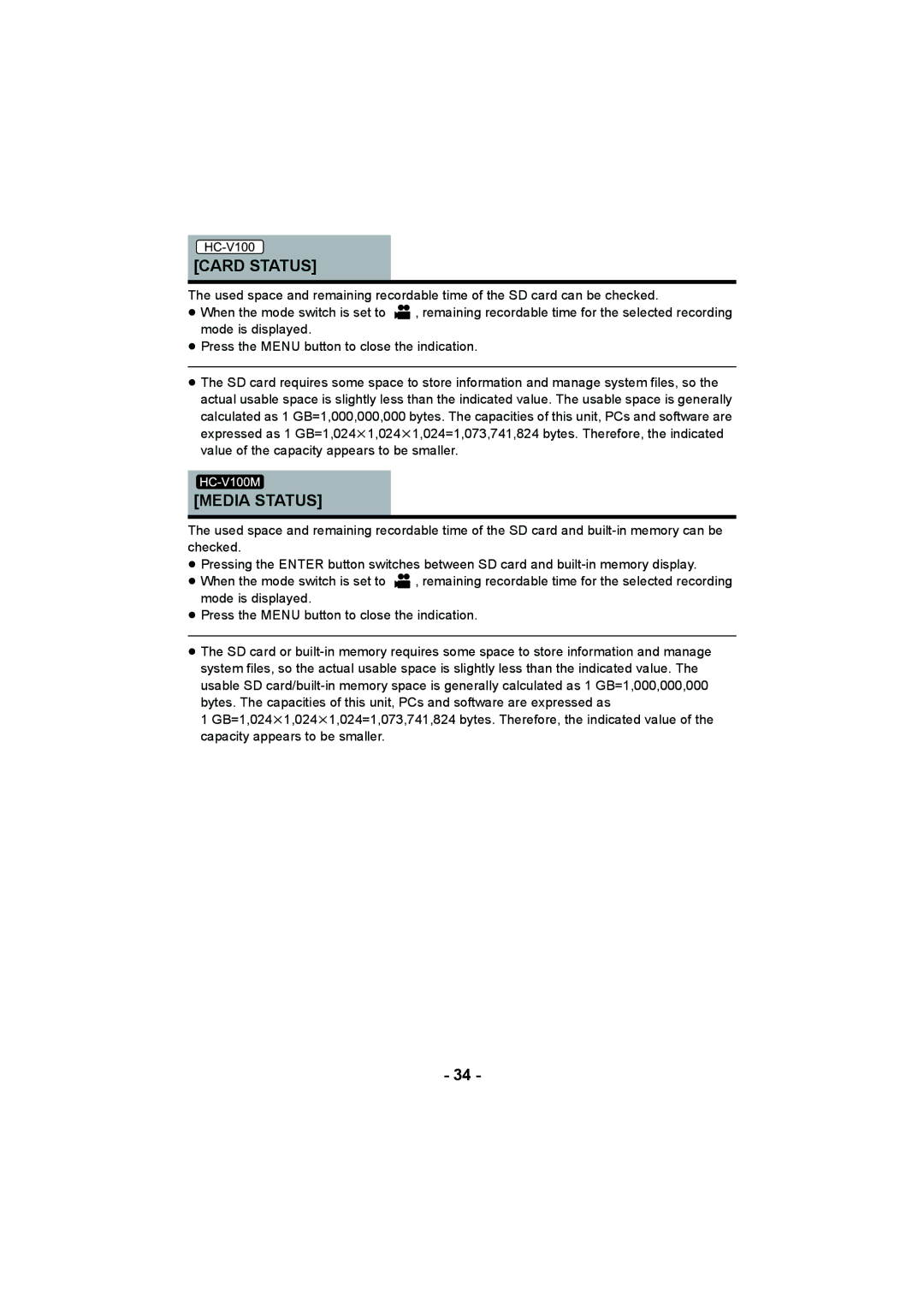 Panasonic HC-V100M operating instructions Card Status, Media Status 