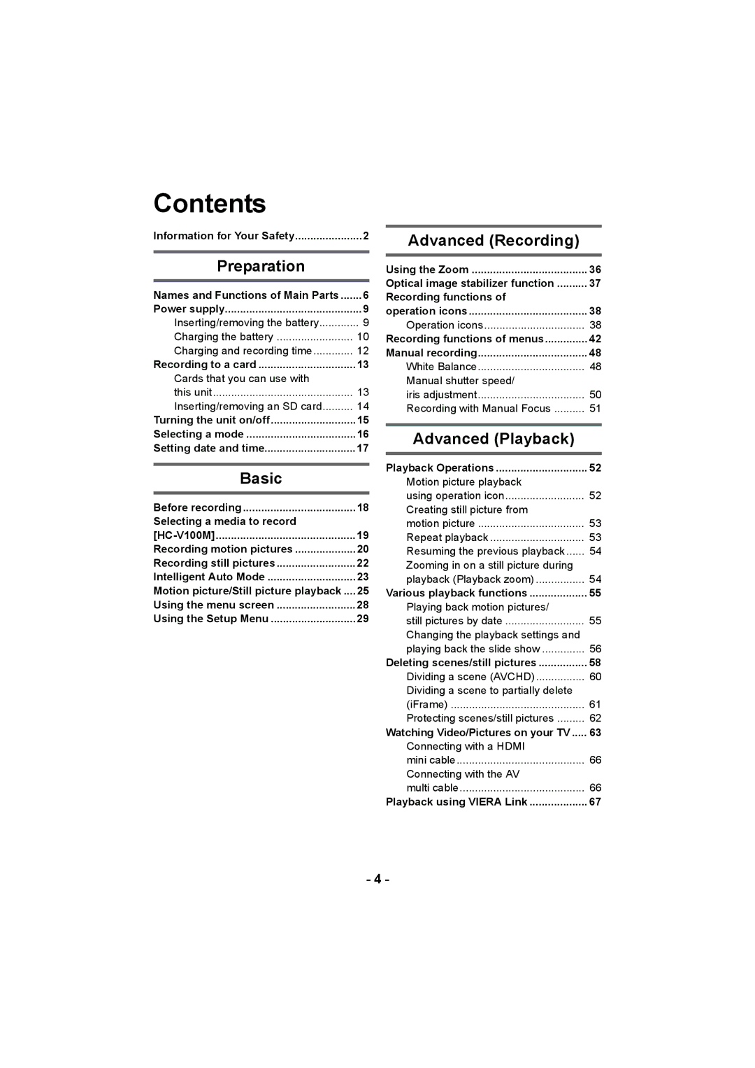 Panasonic HC-V100M operating instructions Contents 