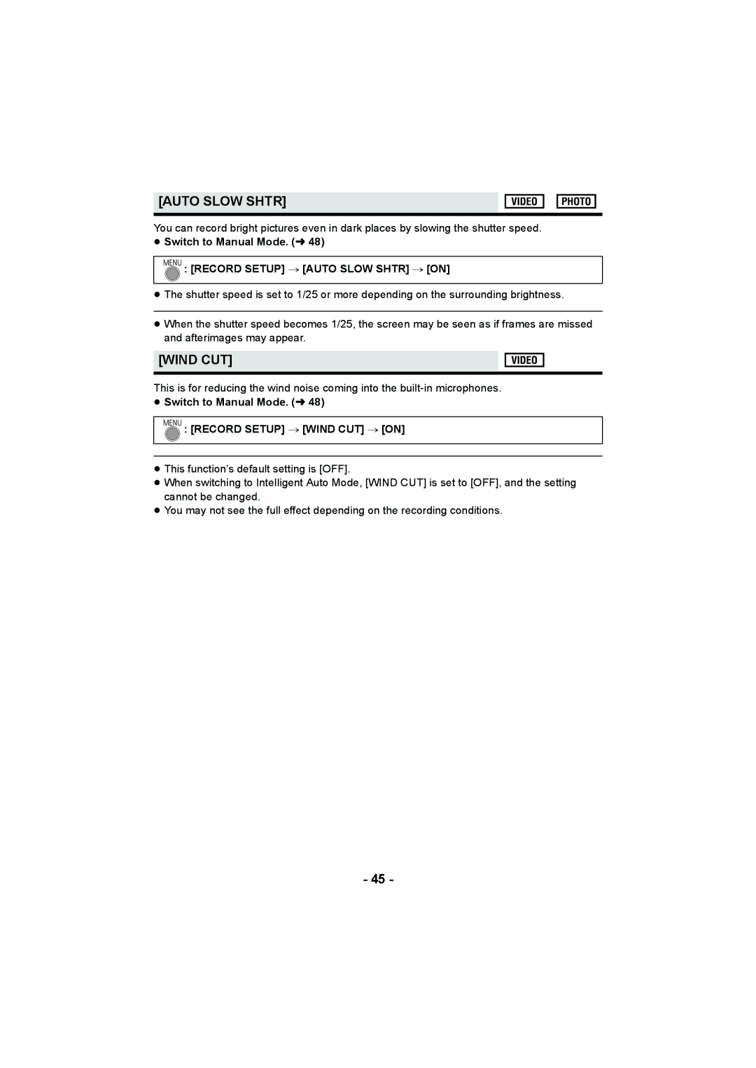 Panasonic HC-V100M operating instructions Wind CUT, ≥ Switch to Manual Mode. l, Record Setup # Auto Slow Shtr # on 