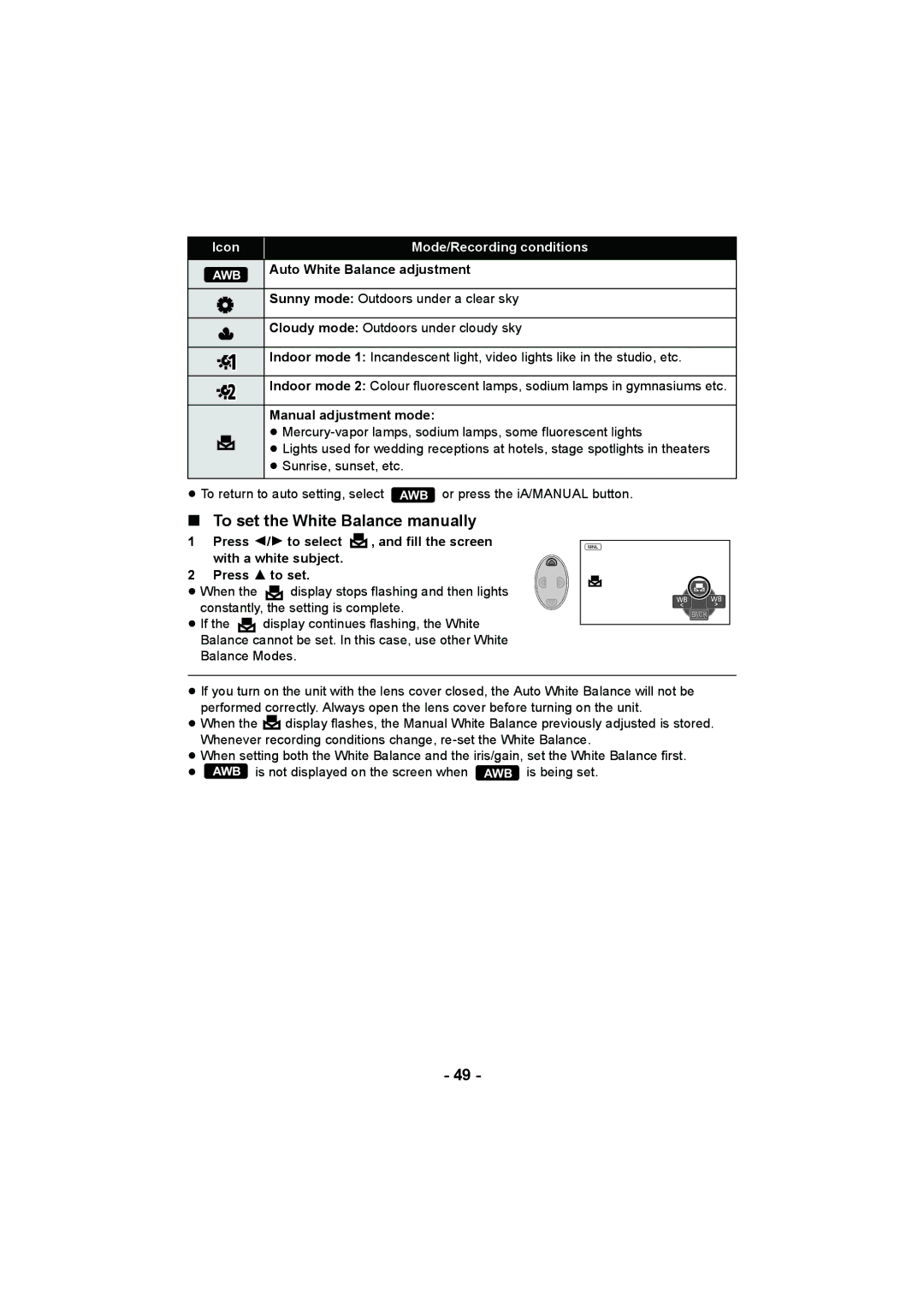 Panasonic HC-V100M operating instructions To set the White Balance manually, Manual adjustment mode 