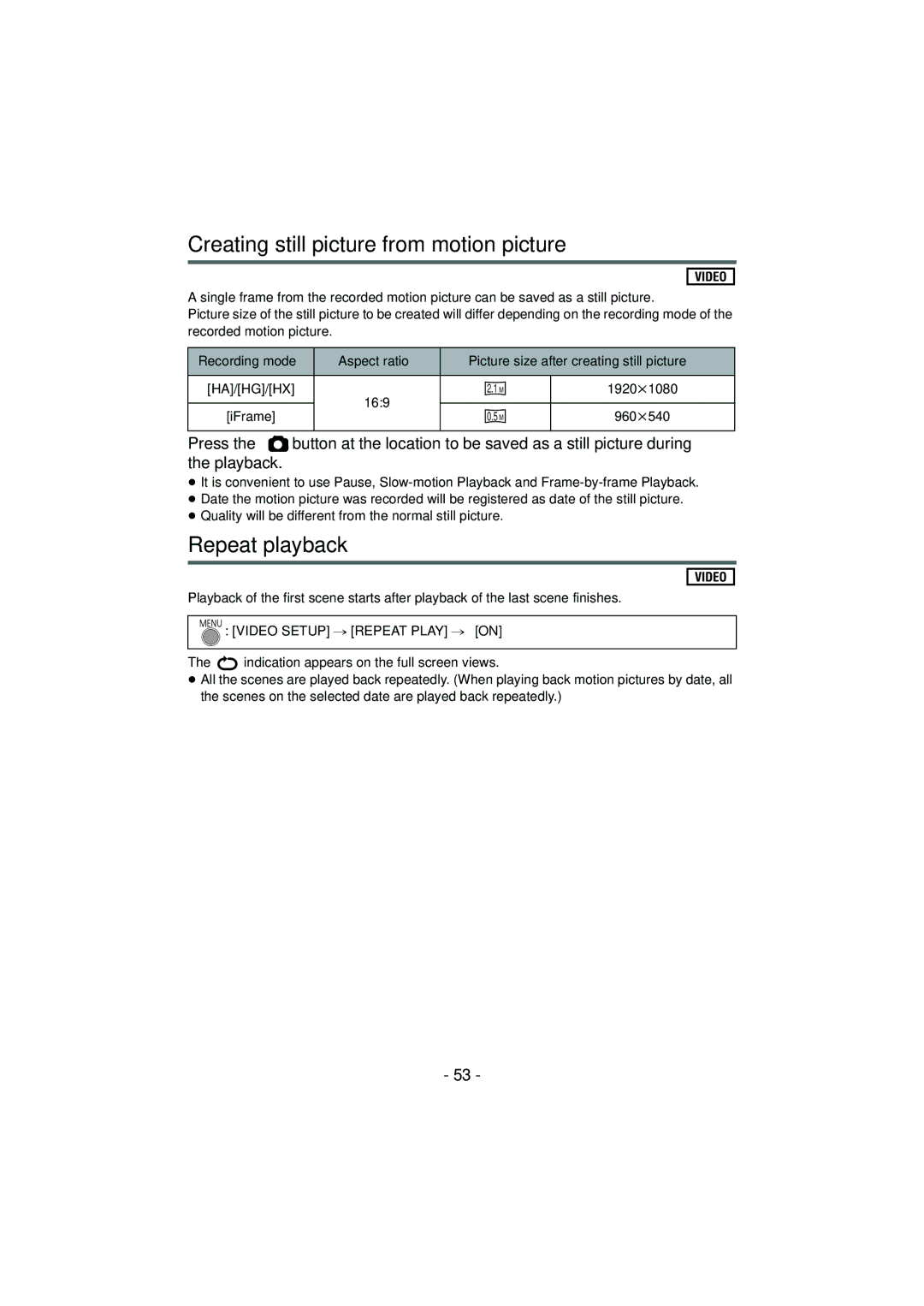 Panasonic HC-V100M Creating still picture from motion picture, Repeat playback, 169 1920k1080, 960k540 