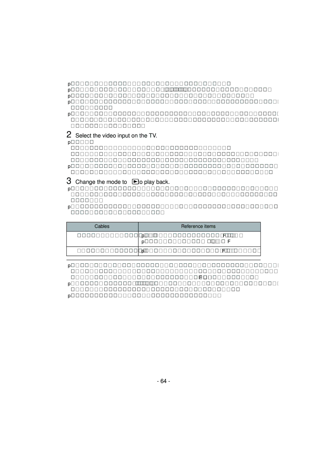 Panasonic HC-V100M Select the video input on the TV, Change the mode to to play back, Cables Reference items 