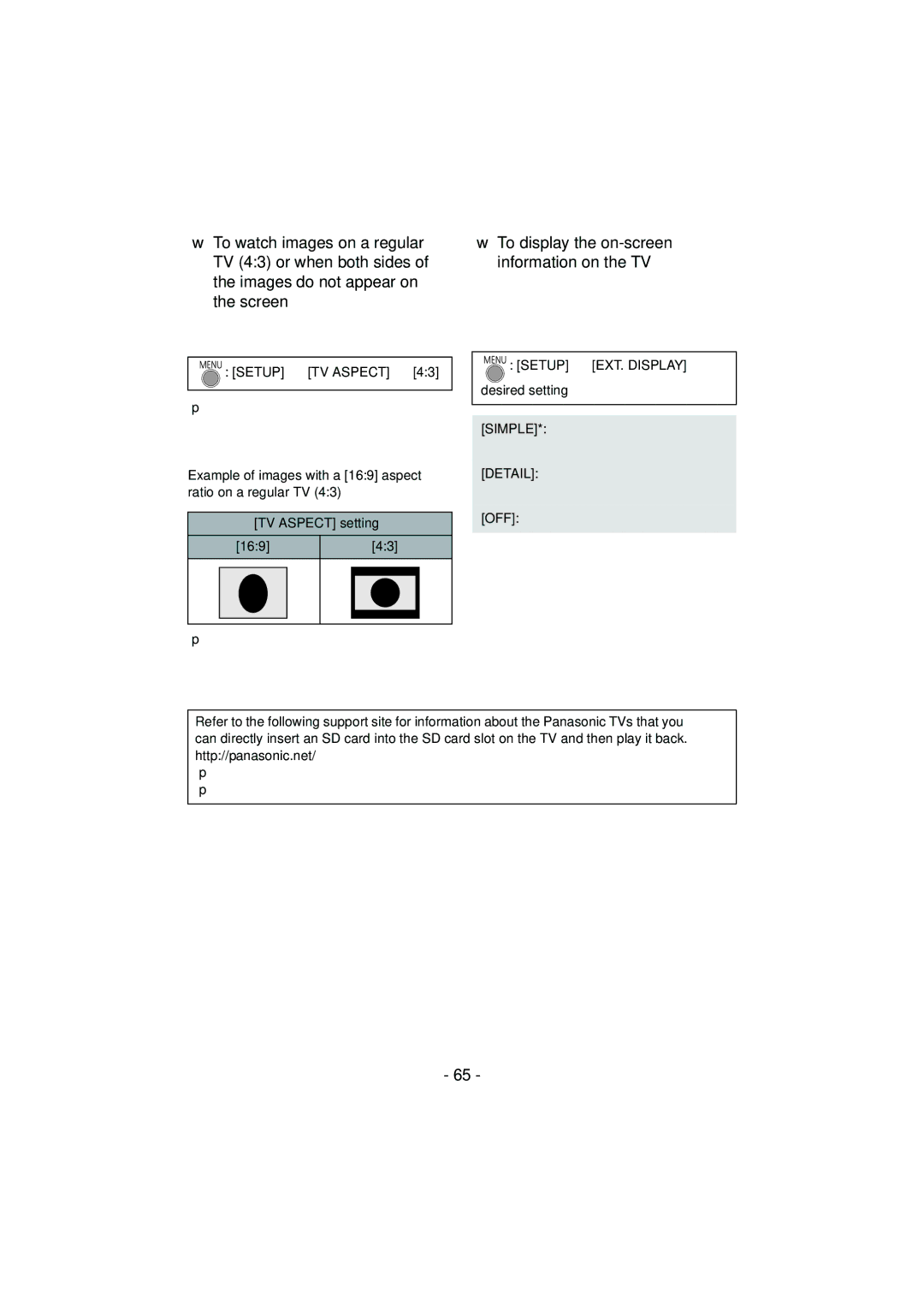 Panasonic HC-V100M To display the on-screen information on the TV, Setup # TV Aspect #, Simple, Detail 