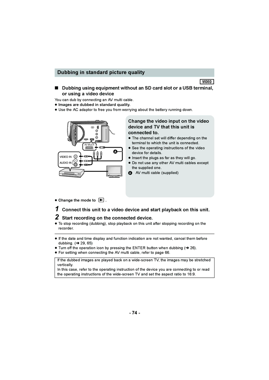 Panasonic HC-V100M operating instructions Dubbing in standard picture quality, ≥ Images are dubbed in standard quality 