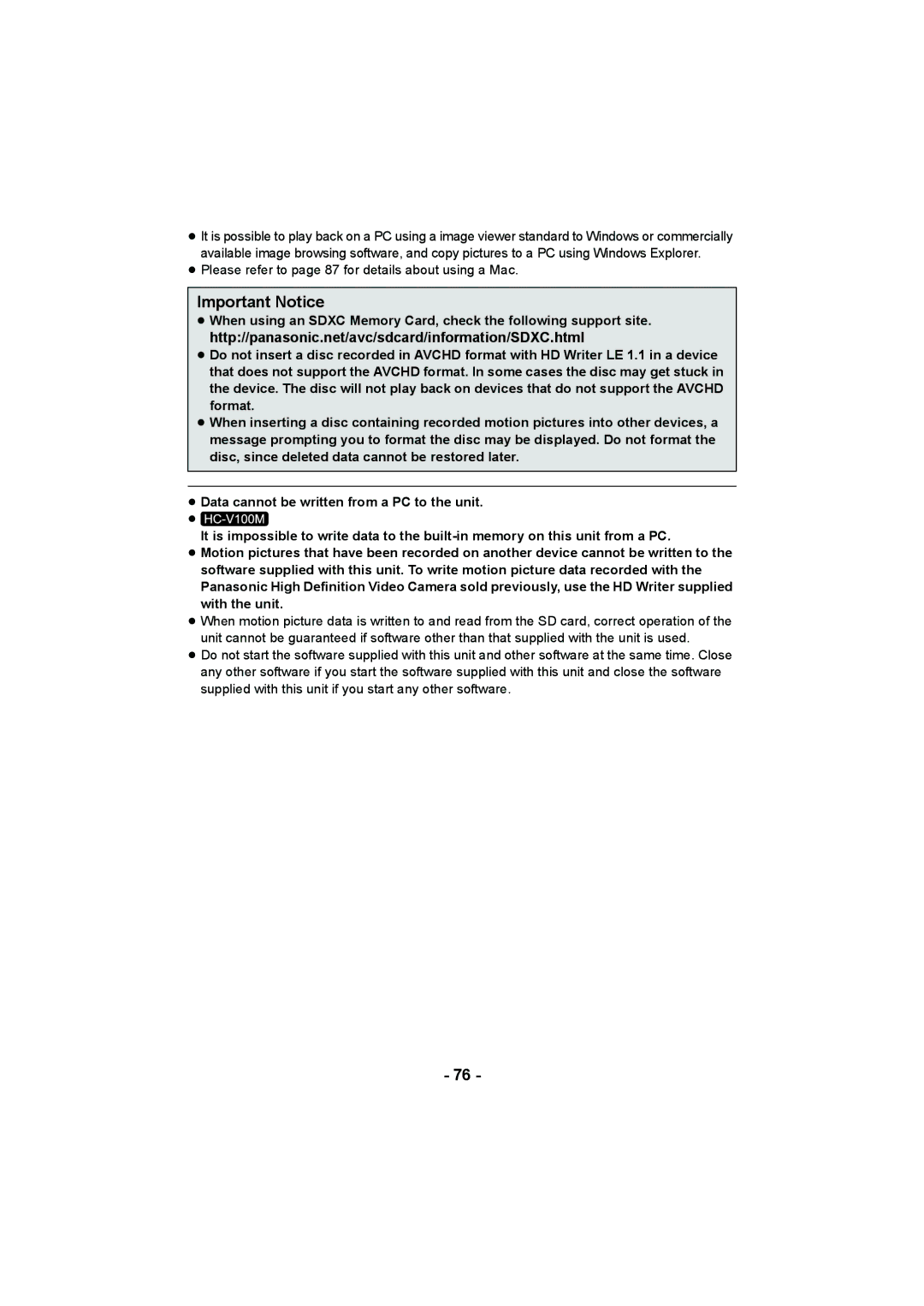 Panasonic HC-V100M operating instructions Important Notice 