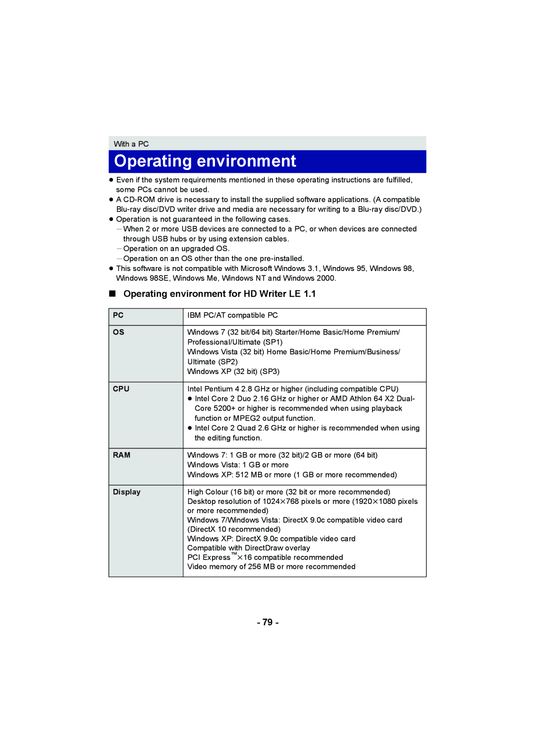 Panasonic HC-V100M operating instructions Operating environment for HD Writer LE, Cpu, Ram, Display 