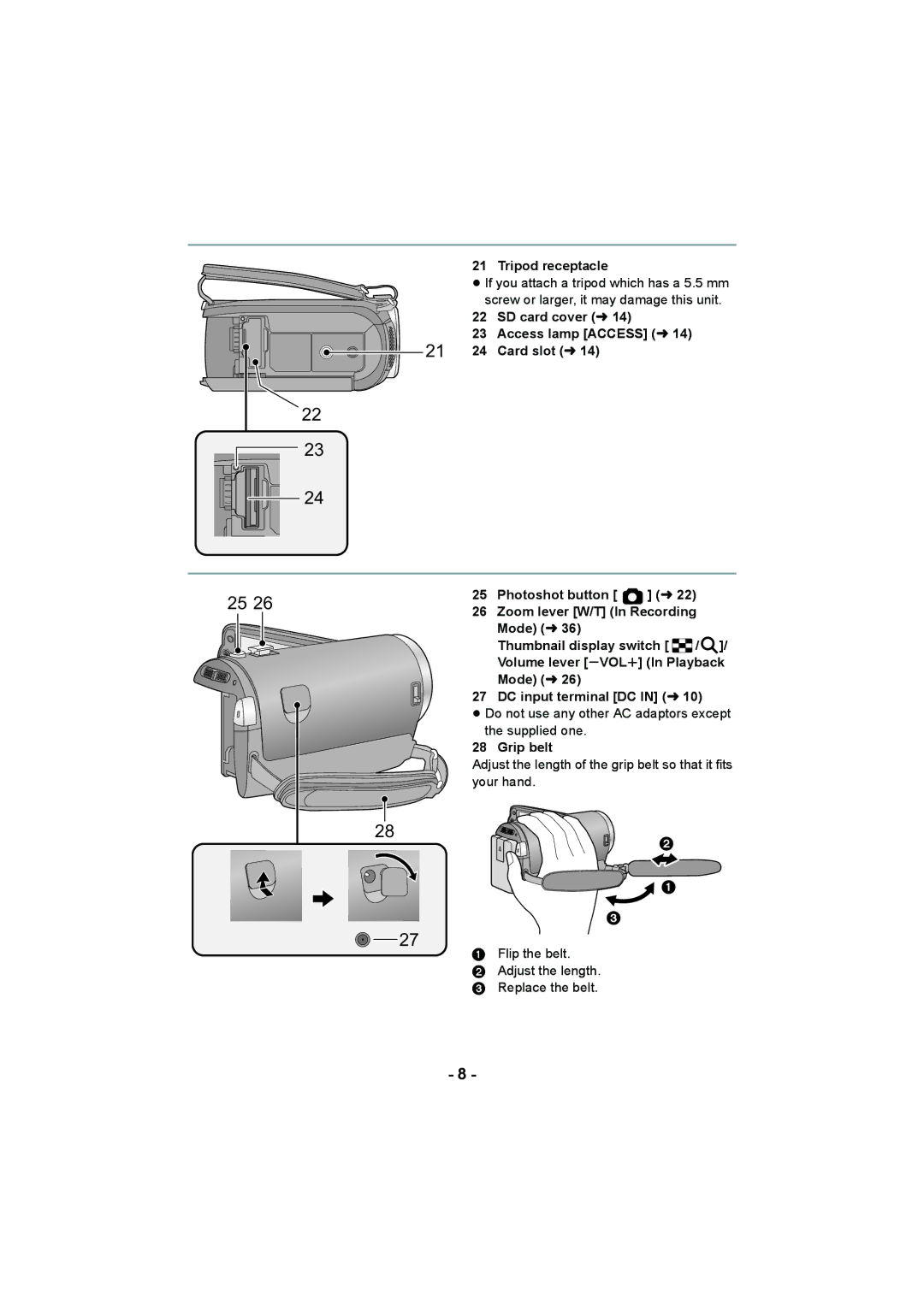 Panasonic HC-V100M operating instructions Tripod receptacle, Supplied one Grip belt, Your hand 