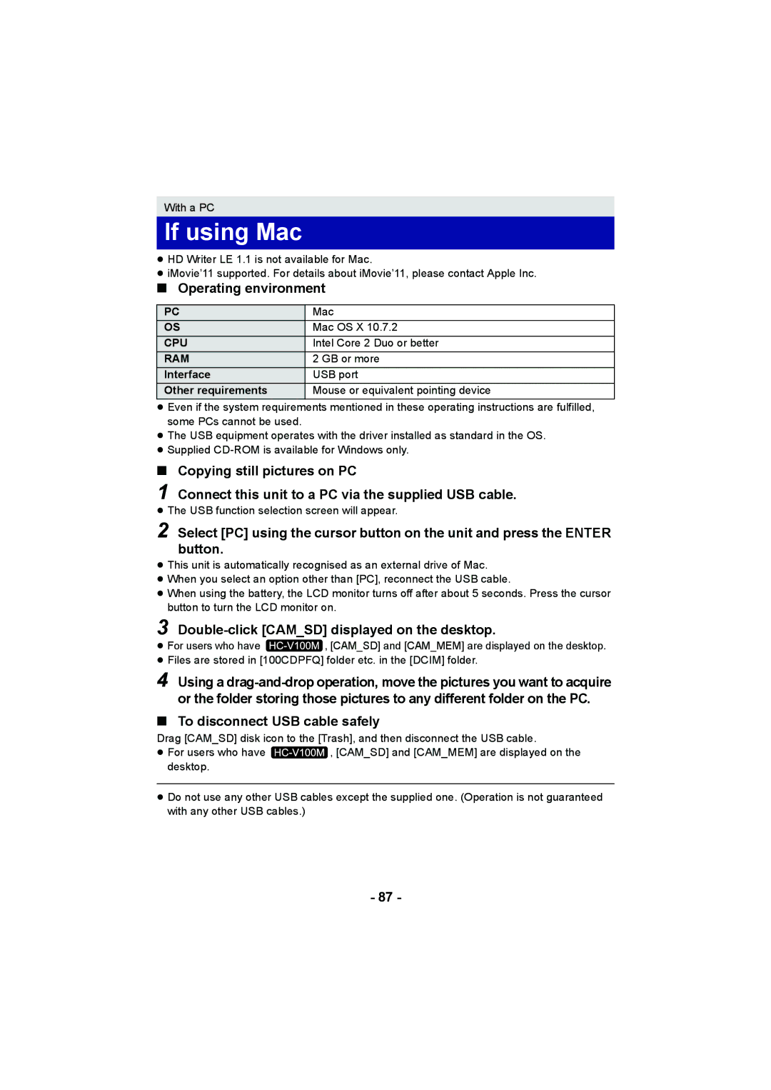 Panasonic HC-V100M If using Mac, Operating environment, Double-click Camsd displayed on the desktop 