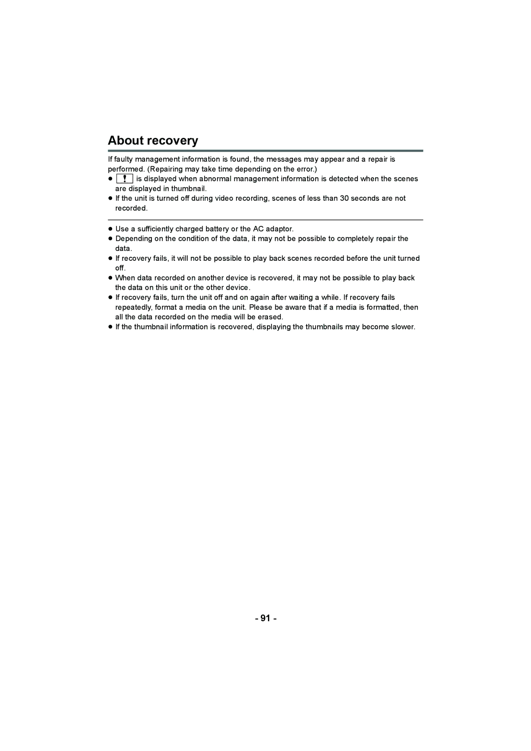 Panasonic HC-V100M operating instructions About recovery 