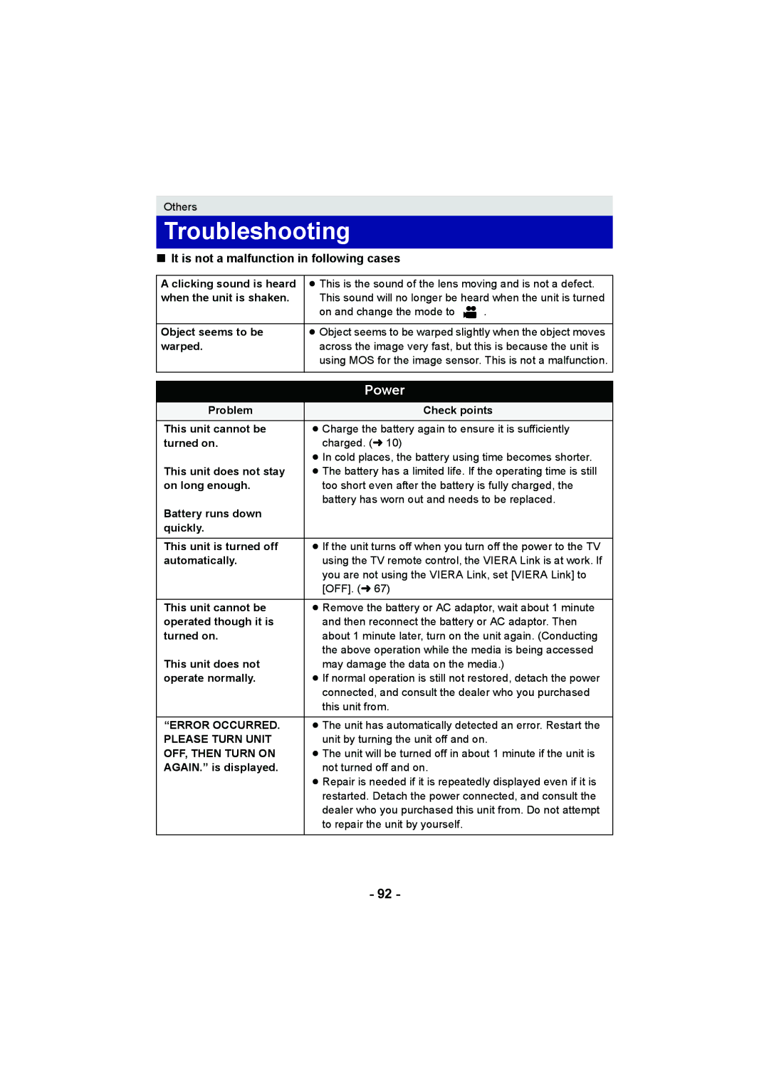 Panasonic HC-V100M Troubleshooting, It is not a malfunction in following cases, Error Occurred, Please Turn Unit 